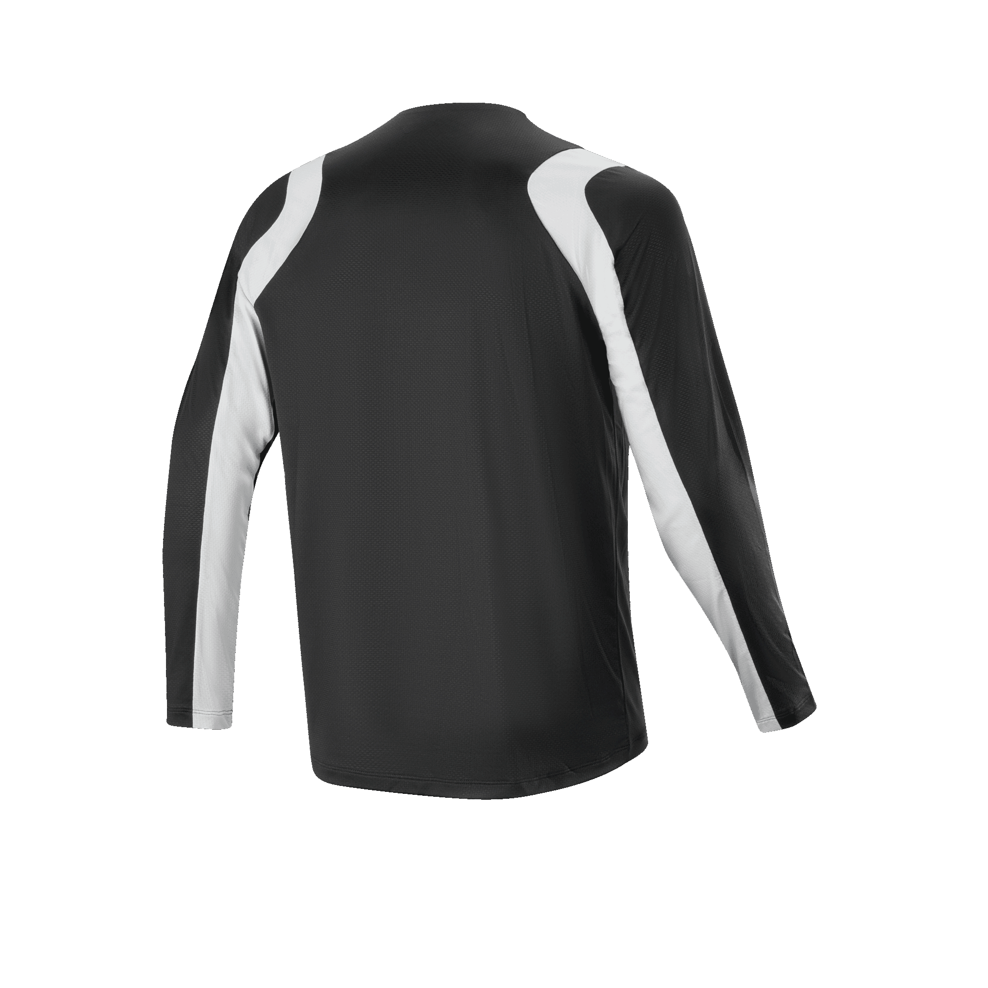 Alpinestars Maglia A-Supra Oscar a maniche lunghe, nero, vista posteriore, con pannelli bianchi curvi su spalle e maniche, abbigliamento da ciclismo MTB leggero e traspirante