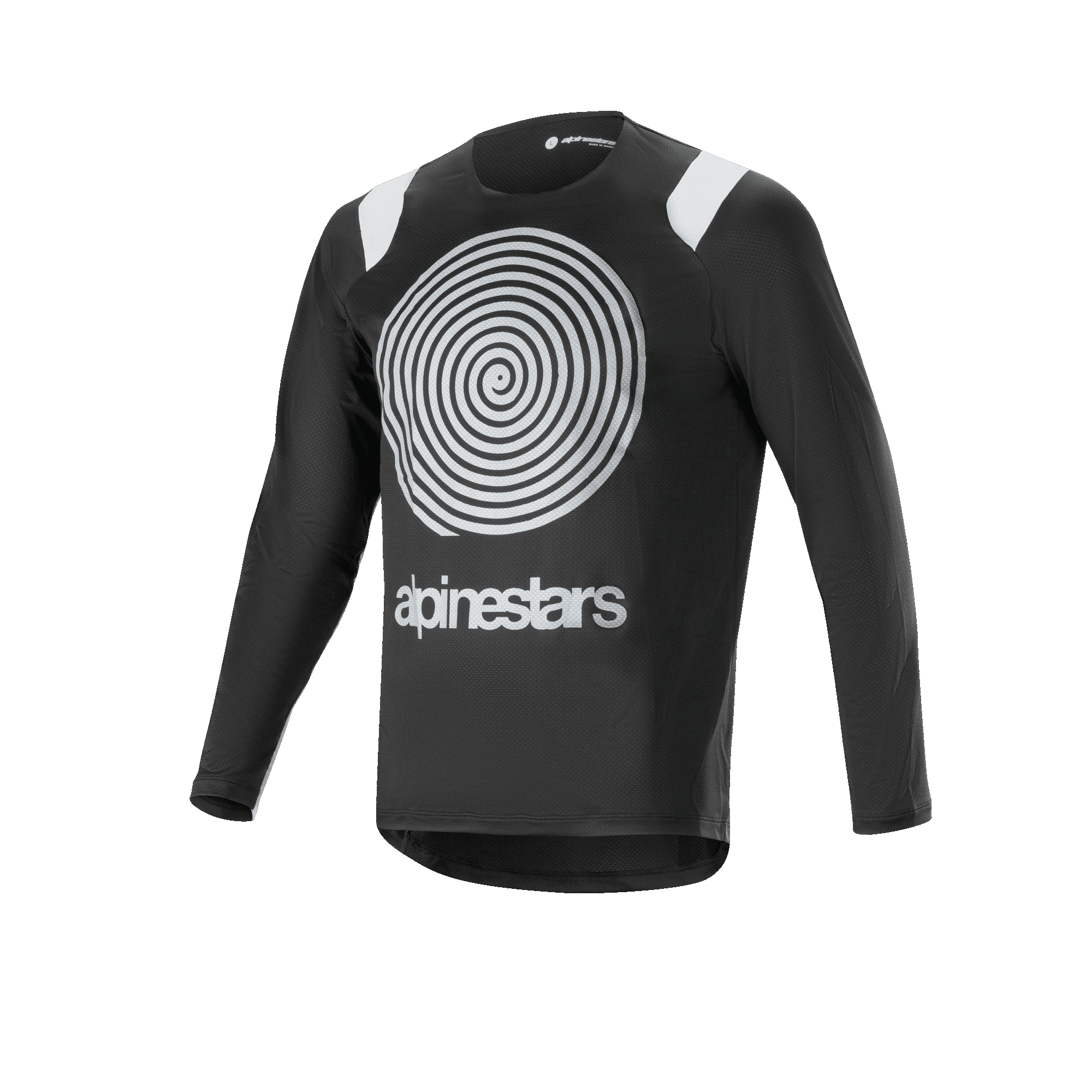 Alpinestars A-Supra Oscar Long Sleeve Jersey, maglia da ciclismo nera, con una grande grafica a spirale Oscar bianca sul petto, inserti bianchi sulle spalle, logo Alpinestars, leggera e traspirante per il gravity MTB