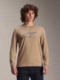 Alpinestars A-Dura Astar Jersey a maniche lunghe, marrone chiaro, maglia da mountain bike MTB, con grande logo Astars grigio scuro sul petto, vestibilità regolare, tessuto tecnico traspirante per prestazioni fuoristrada