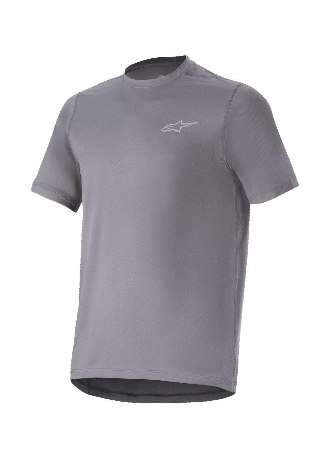 Alpinestars A-Dura Astar Jersey, maglia da mountain bike a maniche corte, grigio scuro con piccolo logo argento sul petto, girocollo e bordo posteriore allungato, tessuto tecnico traspirante, trail riding MTB