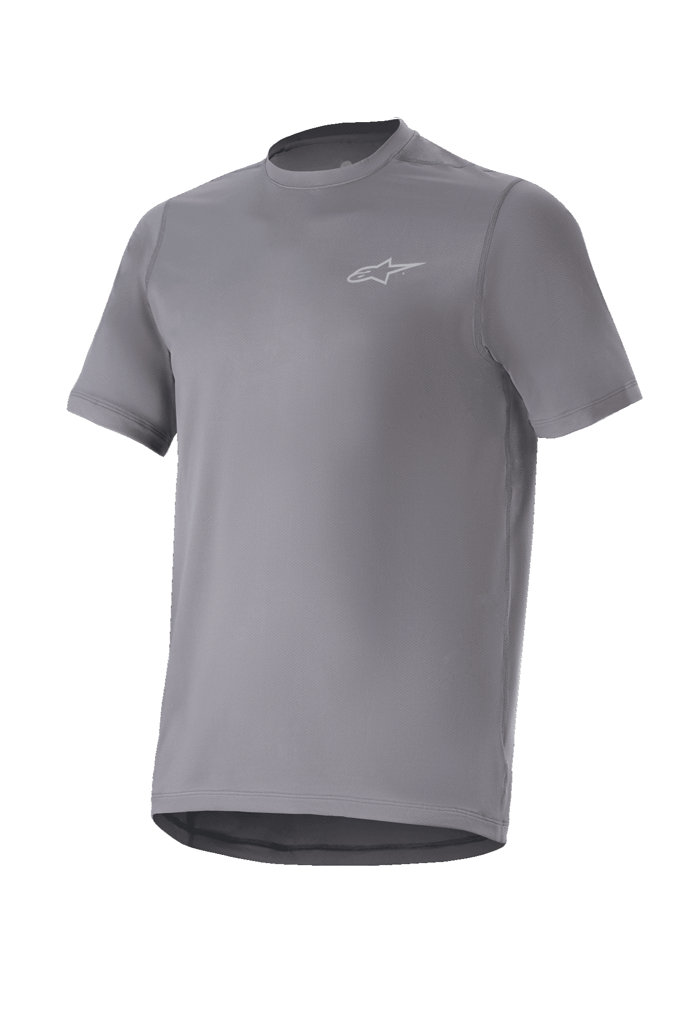 Alpinestars A-Dura Astar Jersey, maglia da mountain bike a maniche corte, grigio scuro con piccolo logo argento sul petto, girocollo e bordo posteriore allungato, tessuto tecnico traspirante, trail riding MTB