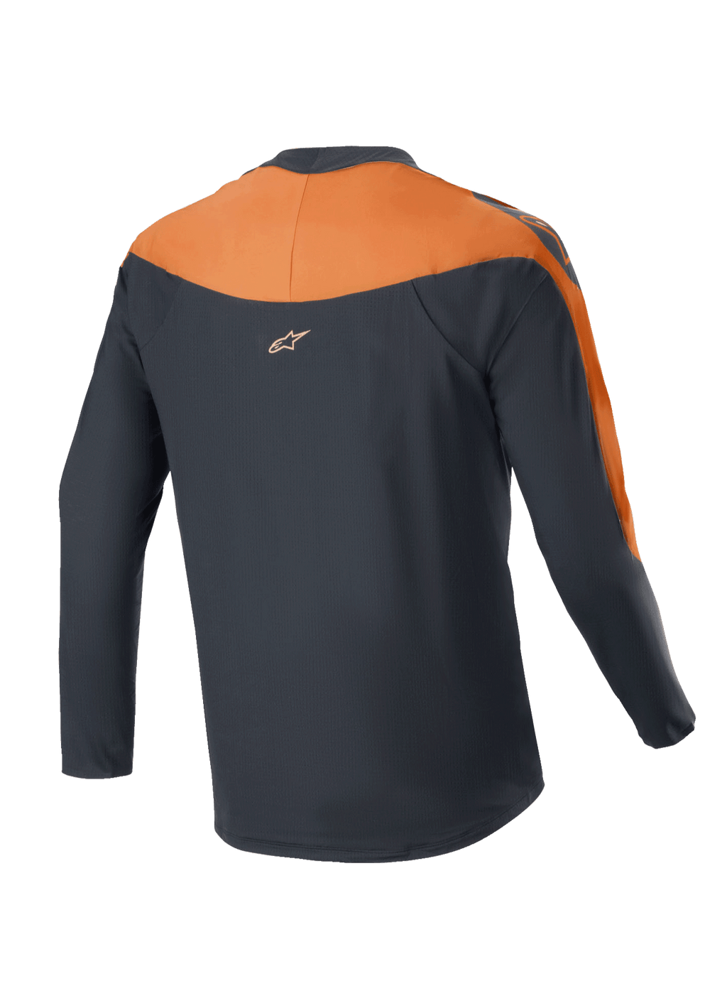 Maglia Alpinestars A-Supra Race - Maniche Lunghe, maglia da MTB, nero e arancione, vista posteriore con pannelli arancioni su spalle e maniche, piccolo logo Alpinestars sulla parte superiore della schiena, design a coda allungata per una maggiore copertura in sella