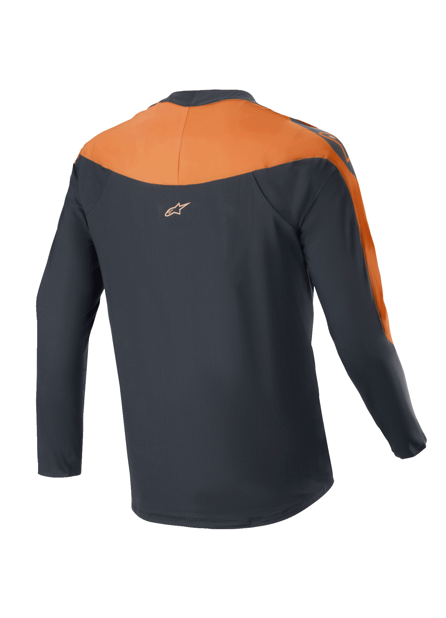Maglia Alpinestars A-Supra Race - Maniche Lunghe, maglia da MTB, nero e arancione, vista posteriore con pannelli arancioni su spalle e maniche, piccolo logo Alpinestars sulla parte superiore della schiena, design a coda allungata per una maggiore copertura in sella