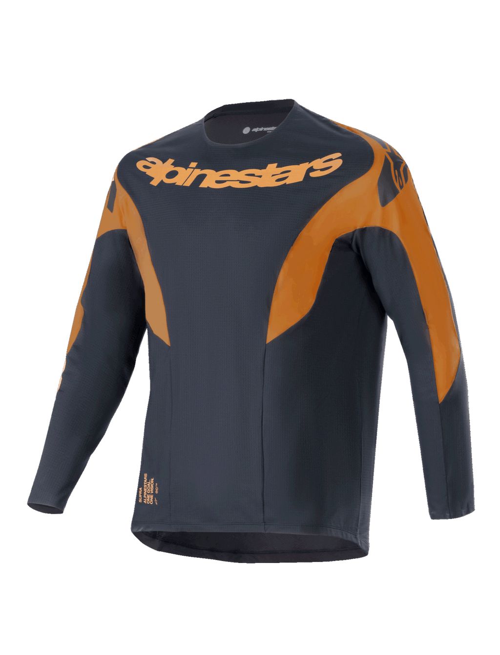 Alpinestars Maglia A-Supra Race, maglia MTB a maniche lunghe, nero con accenti arancioni, con logo Alpinestars su petto e spalle, tessuto in poliestere microforato, design d'ispirazione racing