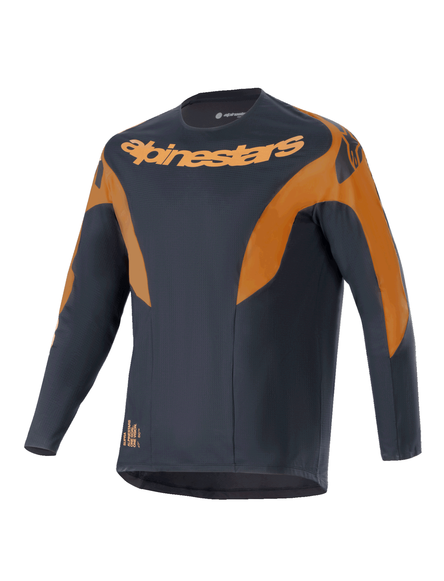 Alpinestars Maglia A-Supra Race, maglia MTB a maniche lunghe, nero con accenti arancioni, con logo Alpinestars su petto e spalle, tessuto in poliestere microforato, design d'ispirazione racing