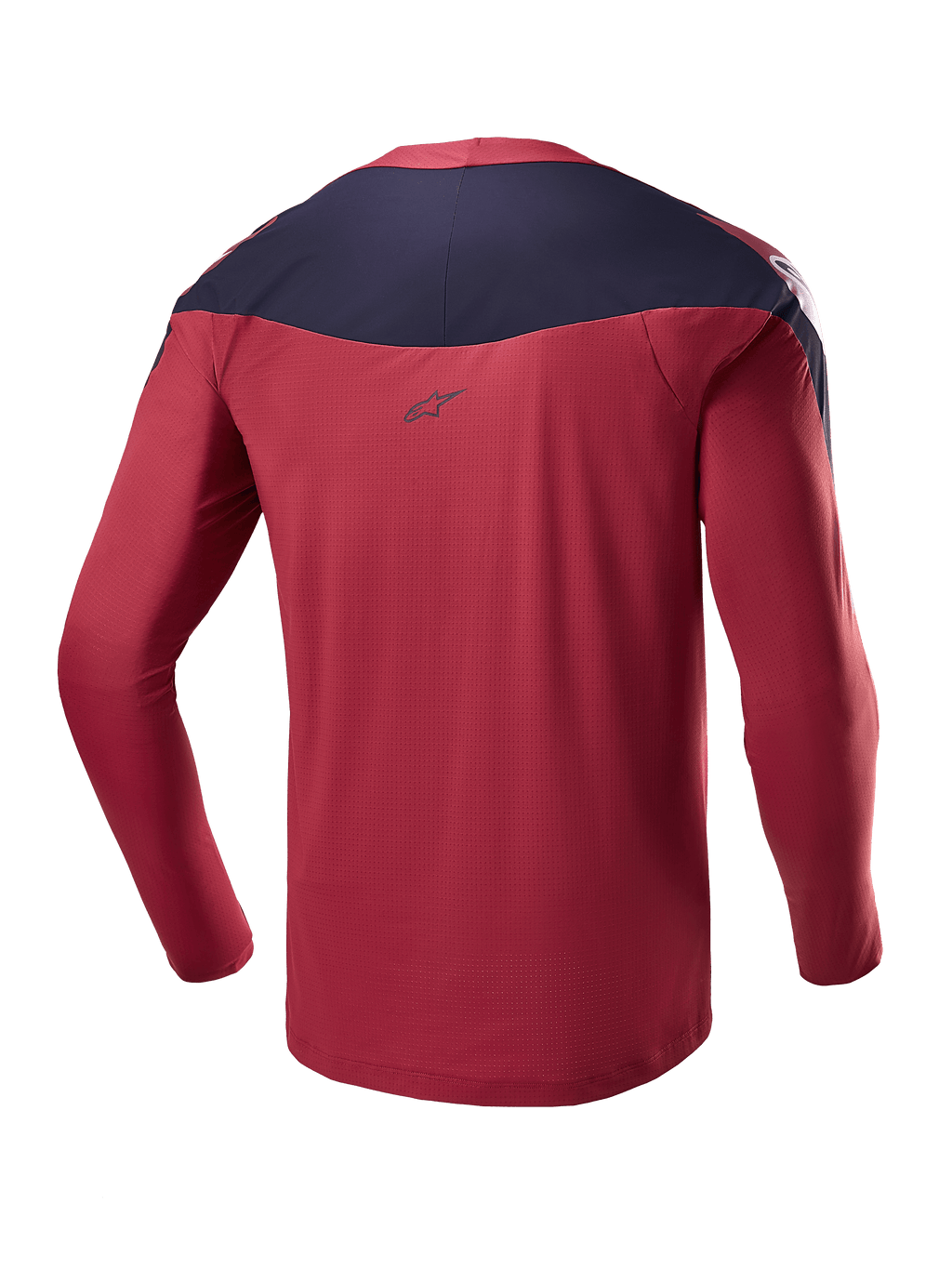 Alpinestars A-Supra Race Jersey - Maniche Lunghe, borgogna e blu navy, vista posteriore che mostra il tessuto tecnico micro-perforato, pannello scuro sulle spalle con logo, abbigliamento tecnico da MTB