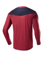 Alpinestars A-Supra Race Jersey - Maniche Lunghe, borgogna e blu navy, vista posteriore che mostra il tessuto tecnico micro-perforato, pannello scuro sulle spalle con logo, abbigliamento tecnico da MTB