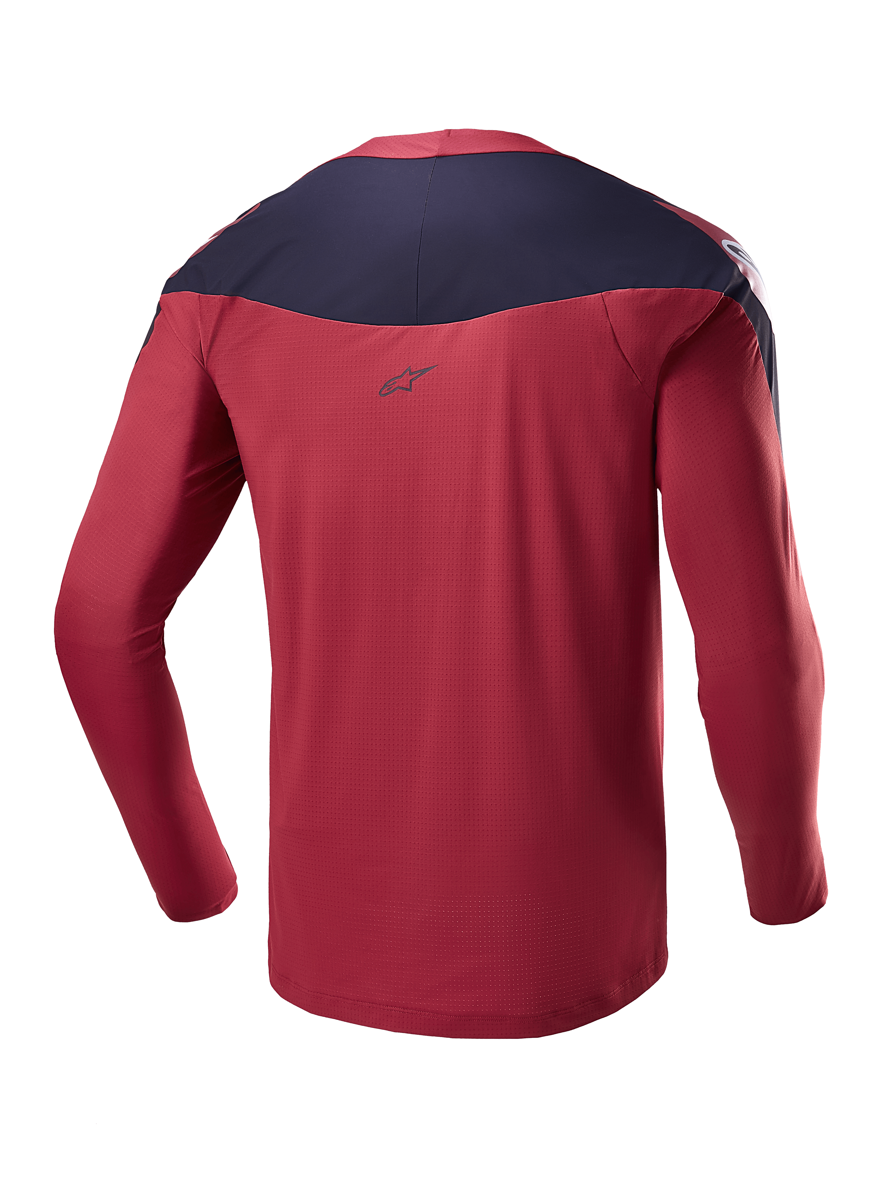 Alpinestars A-Supra Race Jersey - Maniche Lunghe, borgogna e blu navy, vista posteriore che mostra il tessuto tecnico micro-perforato, pannello scuro sulle spalle con logo, abbigliamento tecnico da MTB