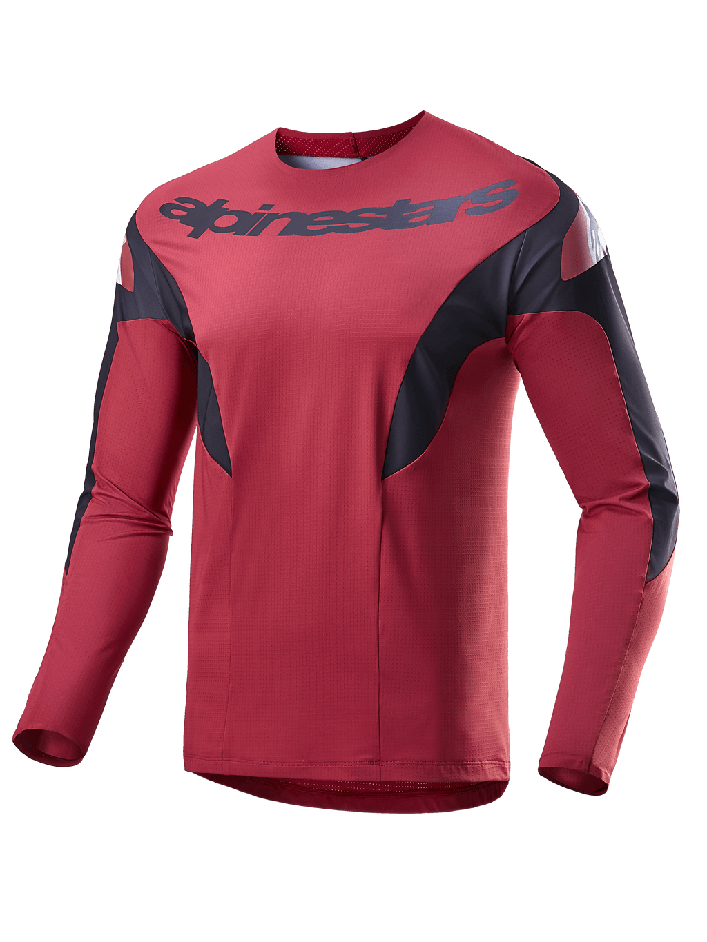 Maglia Alpinestars A-Supra Race, jersey MTB a maniche lunghe, Borgogna con pannelli laterali neri e accenti bianchi, con logo Alpinestars sul petto, tessuto leggero microforato per gare di mountain bike