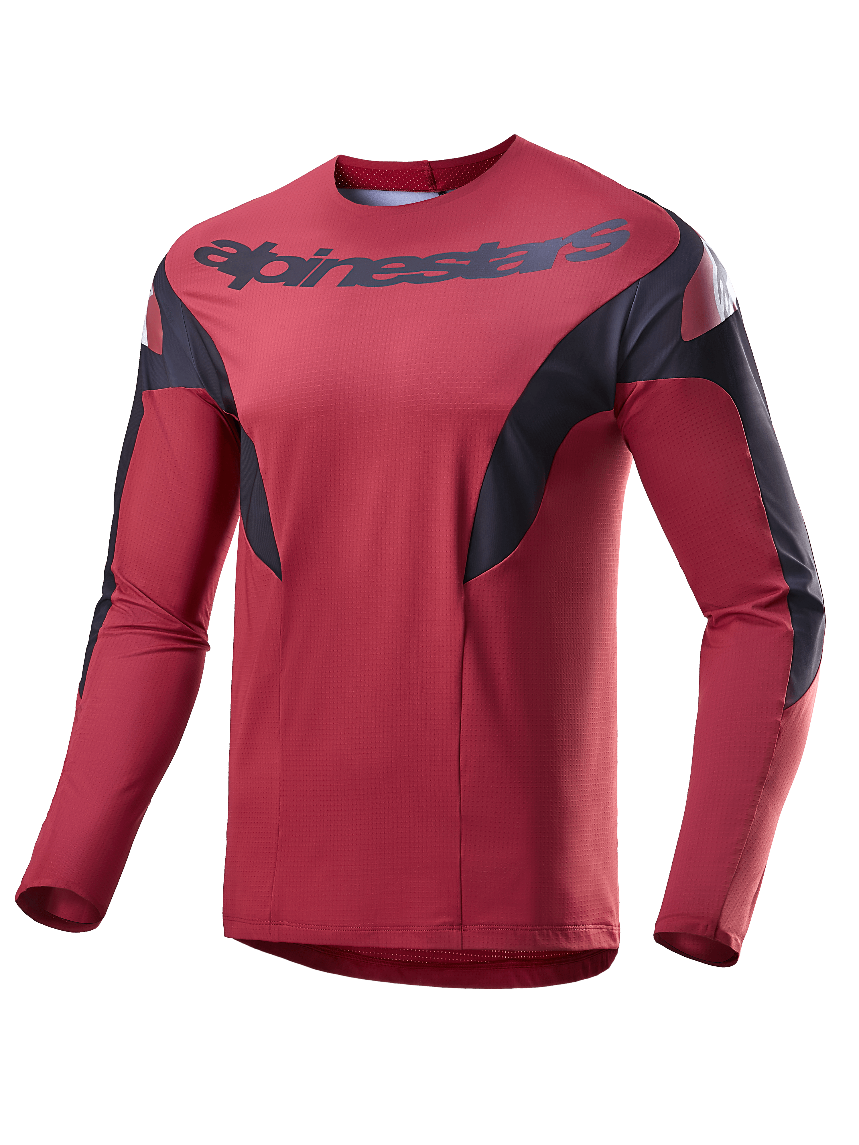 Maglia Alpinestars A-Supra Race, jersey MTB a maniche lunghe, Borgogna con pannelli laterali neri e accenti bianchi, con logo Alpinestars sul petto, tessuto leggero microforato per gare di mountain bike