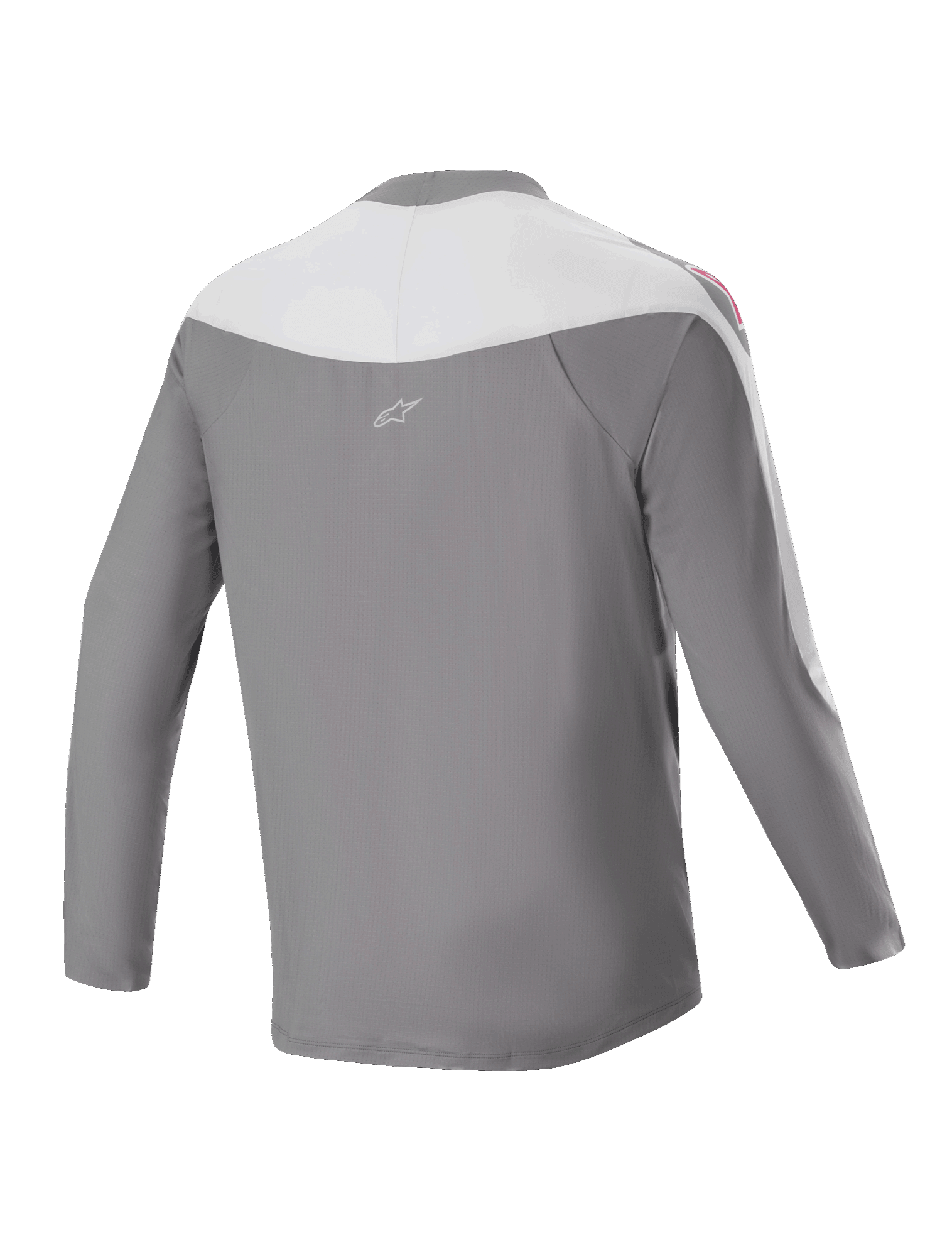Alpinestars Maglia A-Supra Race - Maniche lunghe, maglia MTB, grigio scuro e bianco, vista posteriore con piccolo logo a stella, grafica rossa sulle spalle e vestibilità performante per corse off-road