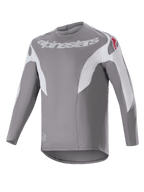 Alpinestars A-Supra Race Jersey, maglia da MTB a maniche lunghe, grigio scuro con pannelli bianchi, con logo Alpinestars bianco sul petto e loghi a stella rossi sulle spalle, tessuto tecnico microperforato con design a coda allungata per ciclismo fuoristrada