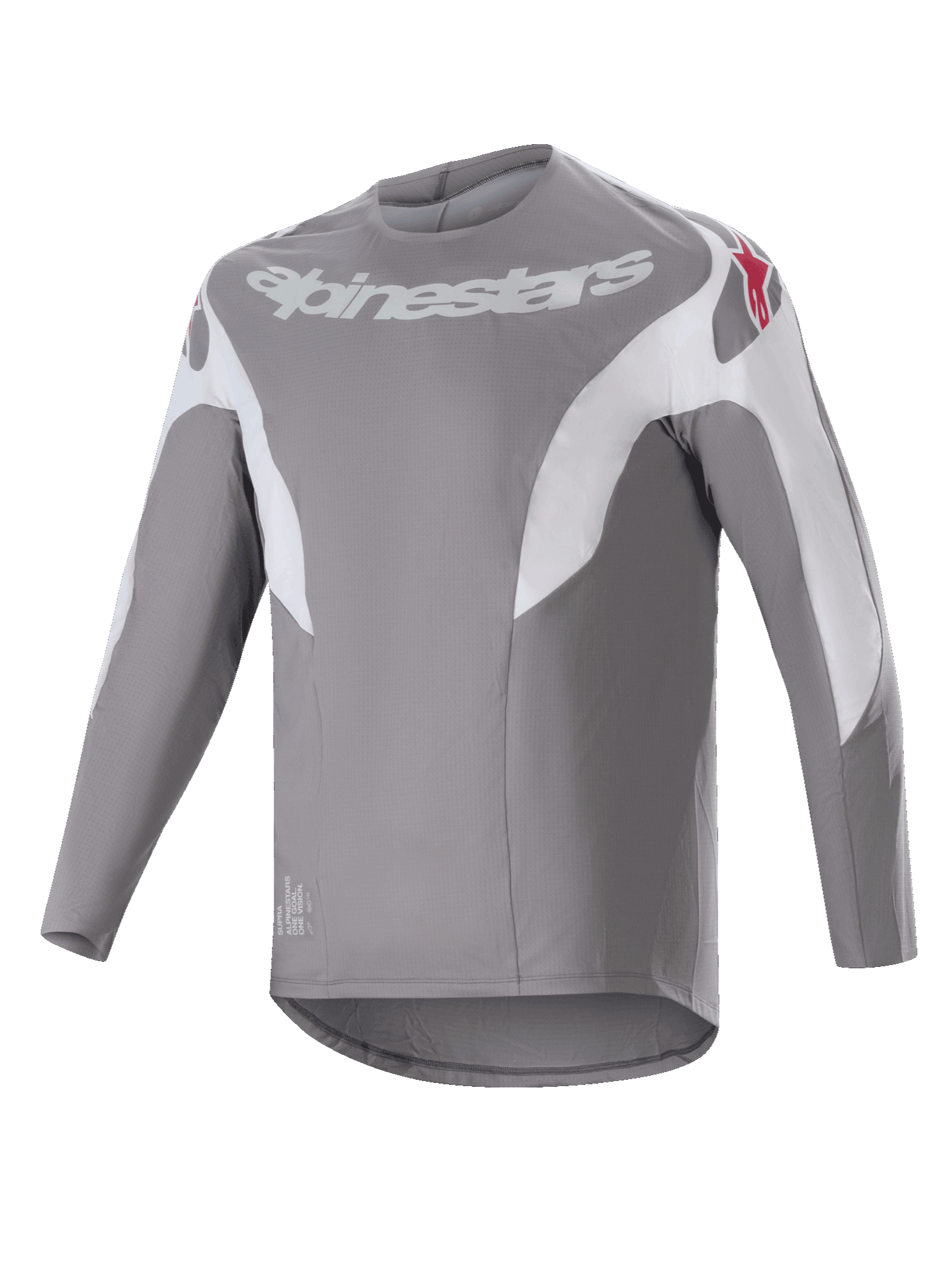 Alpinestars A-Supra Race Jersey, maglia da MTB a maniche lunghe, grigio scuro con pannelli bianchi, con logo Alpinestars bianco sul petto e loghi a stella rossi sulle spalle, tessuto tecnico microperforato con design a coda allungata per ciclismo fuoristrada