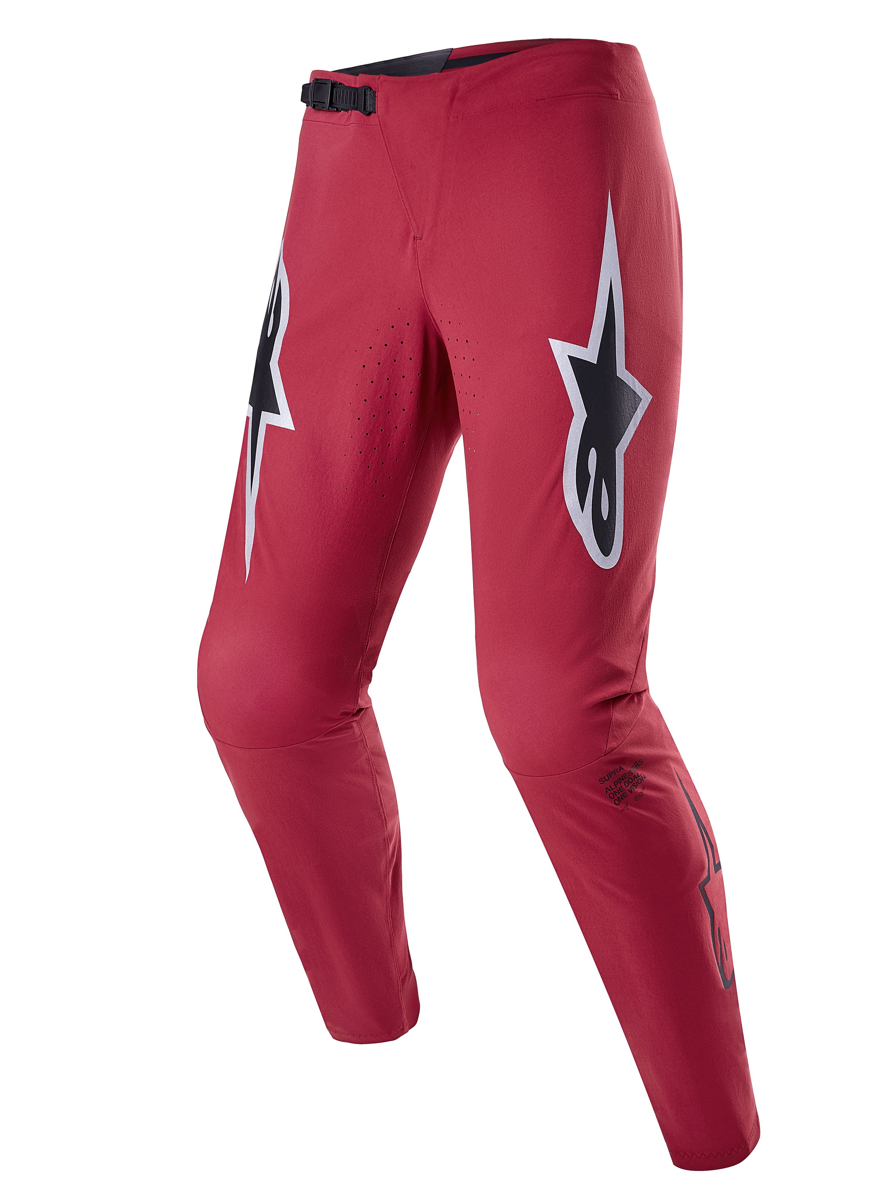 Pantaloni Alpinestars A-Supra Race, pantaloni da gara MTB, bordeaux con grandi loghi a stella bianchi e neri sulle cosce, dotati di ventilazione traforata al laser, chiusura in vita con cricchetto nero e vestibilità performance affusolata per il mountain biking