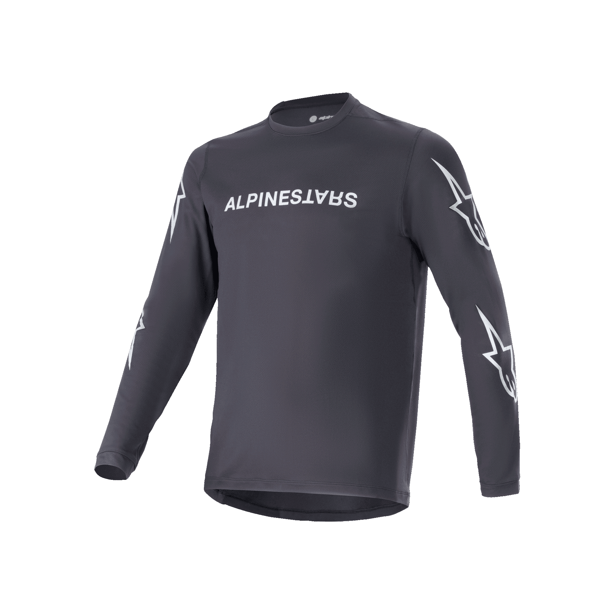 Alpinestars A-Dura Switch Long Sleeve Jersey, maglia a maniche lunghe, nero, scritta Alpinestars bianca sul petto e loghi stella sulle maniche, tessuto tecnico leggero, abbigliamento per ciclismo MTB