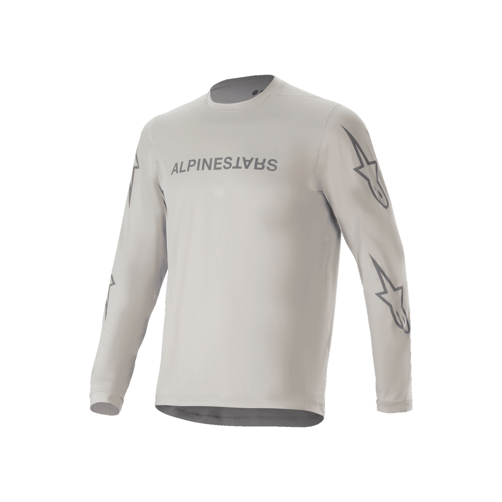 Maglia a maniche lunghe Alpinestars A-Dura Switch, maglia da mountain bike grigio chiaro con scritta sul petto e loghi a stella sulle maniche, abbigliamento tecnico da ciclismo per trail riding