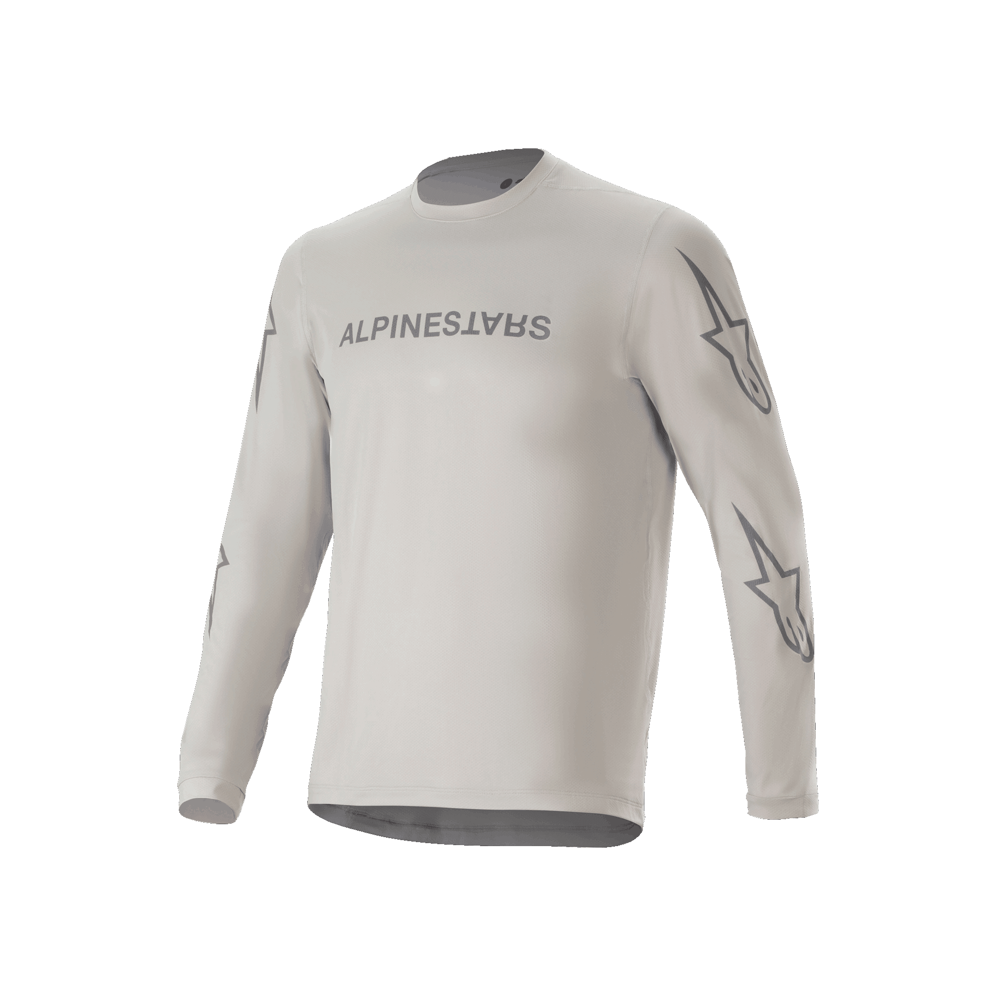 Maglia a maniche lunghe Alpinestars A-Dura Switch, maglia da mountain bike grigio chiaro con scritta sul petto e loghi a stella sulle maniche, abbigliamento tecnico da ciclismo per trail riding