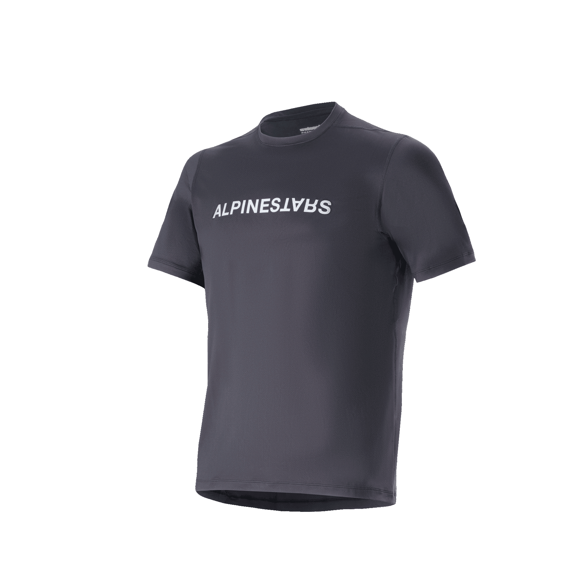 Maglia Alpinestars A-Dura Switch a maniche corte, nero, con grafica logo Alpinestars bianca sul petto, tessuto jacquard leggero e traspirante, abbigliamento performance casual per mountain bike