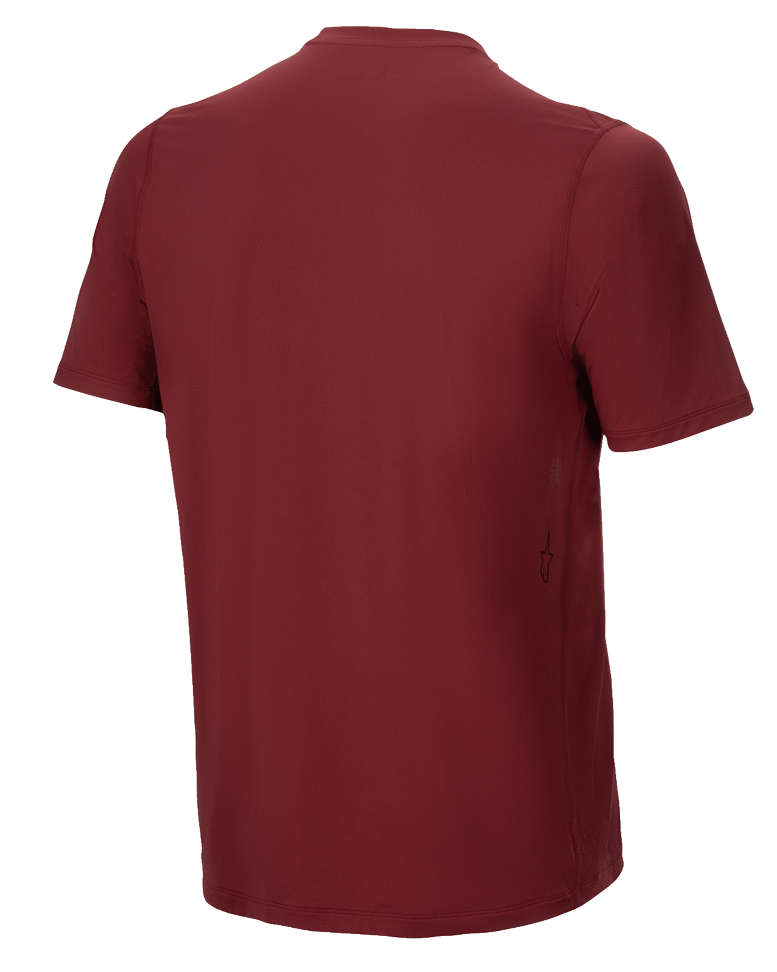 Maglia Alpinestars A-Dura Switch a maniche corte, bordeaux, vista posteriore, con orlo posteriore allungato e piccolo logo Alpinestars verticale sul lato, abbigliamento tecnico per MTB