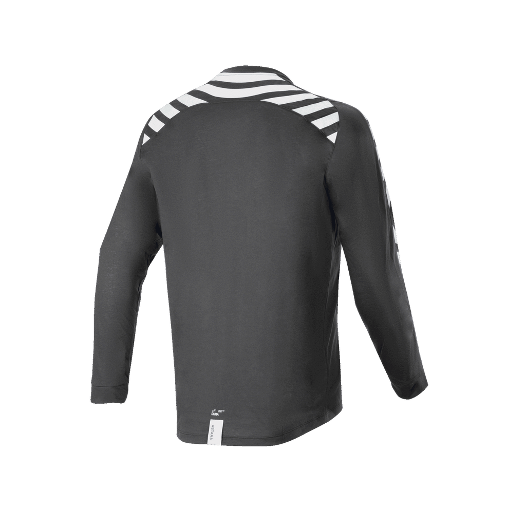 Maglia a maniche lunghe Alpinestars A-Dura Dri Oscar, Black Reflective, vista posteriore con strisce riflettenti bianche su spalle e braccia, tessuto tecnico riciclato drirelease®, orlo posteriore allungato per il ciclismo fuoristrada
