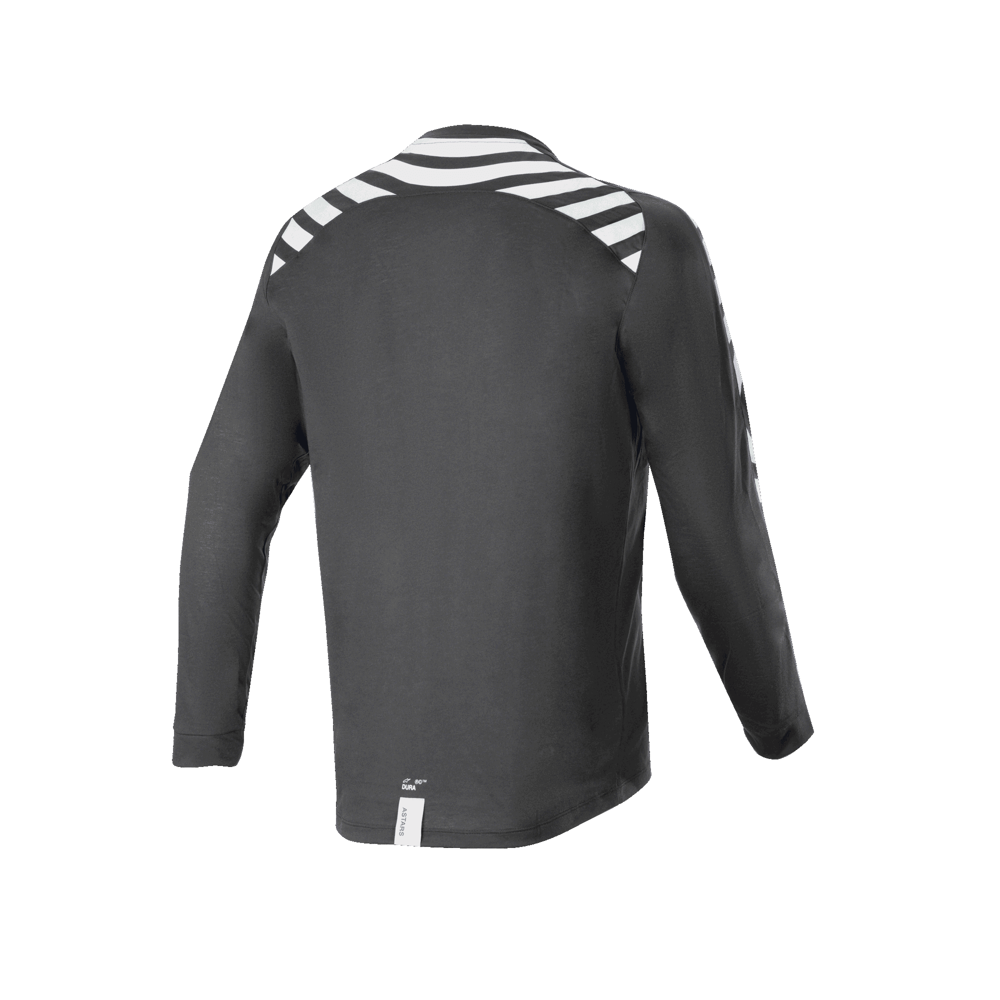 Maglia a maniche lunghe Alpinestars A-Dura Dri Oscar, Black Reflective, vista posteriore con strisce riflettenti bianche su spalle e braccia, tessuto tecnico riciclato drirelease®, orlo posteriore allungato per il ciclismo fuoristrada