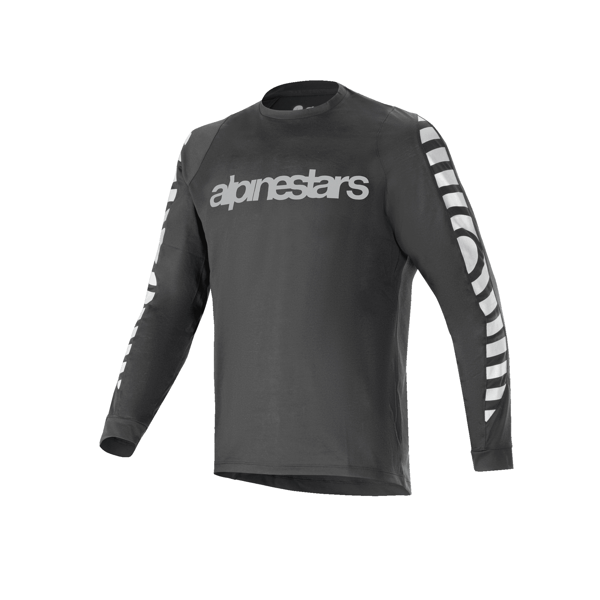 Maglia Alpinestars A-Dura Dri Oscar a maniche lunghe, maglia da ciclismo, nero riflettente, con un grande logo testuale riflettente argento sul petto e motivi grafici sulle maniche, abbigliamento tecnico da mountain bike ad alte prestazioni