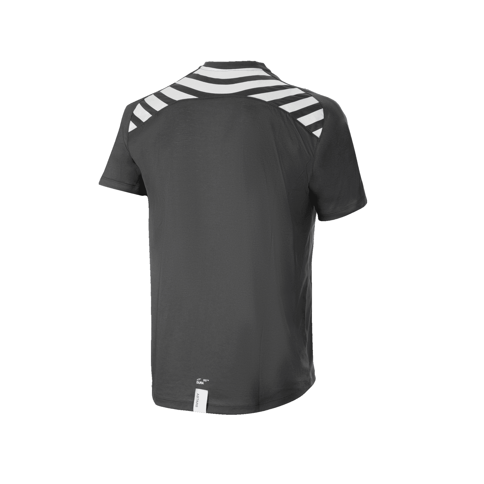 Alpinestars Maglia a maniche corte A-Dura Dri Oscar, maglia MTB, Nero Reflective, vista posteriore con strisce diagonali bianche sulle spalle e sulla schiena, orlo posteriore allungato per maggiore copertura durante la pedalata