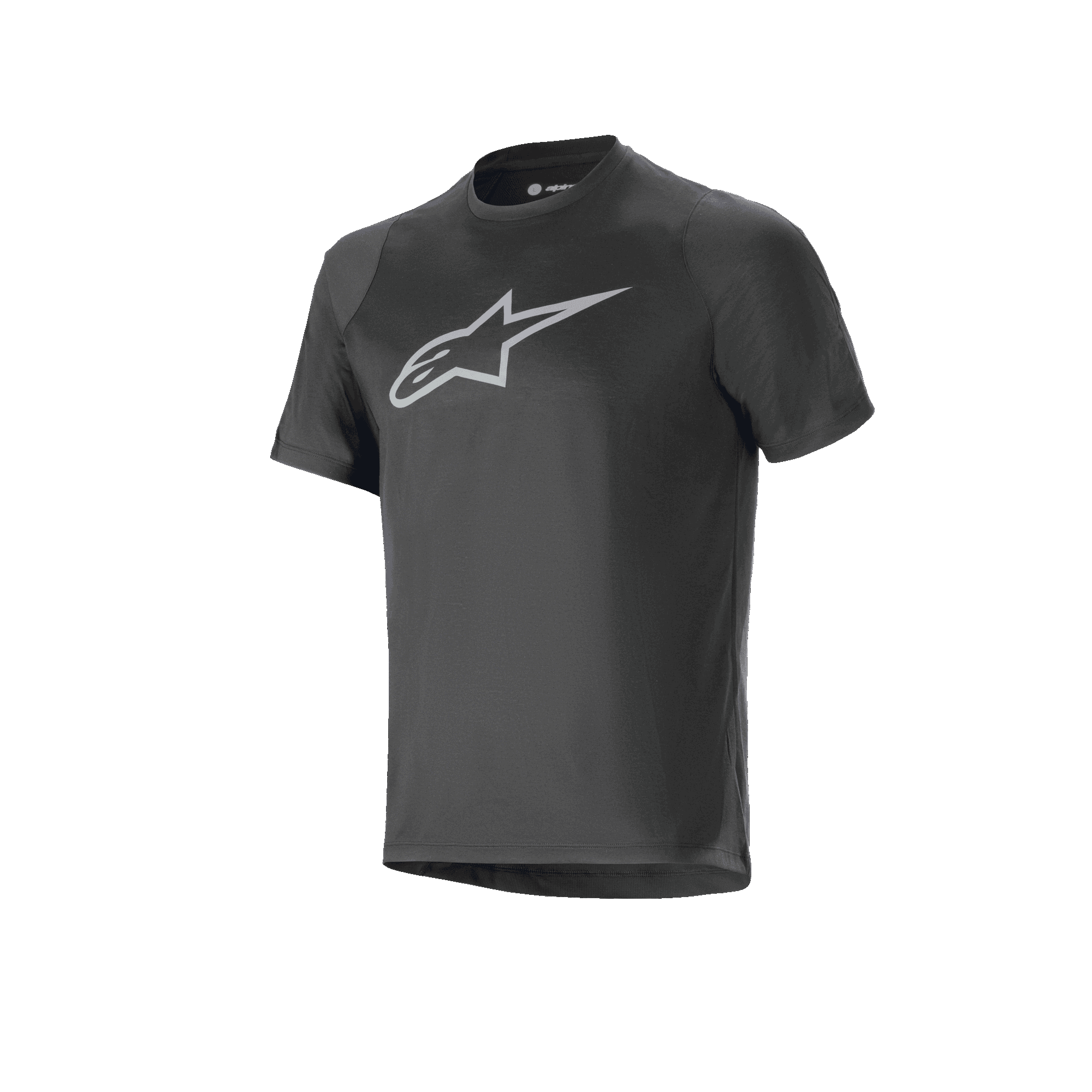 Alpinestars Maglia A-Dura Dri Oscar - Maniche Corte, nero riflettente, con un grande logo Alpinestars riflettente argentato sul petto, maglia tecnica da mountain bike con vestibilità regolare