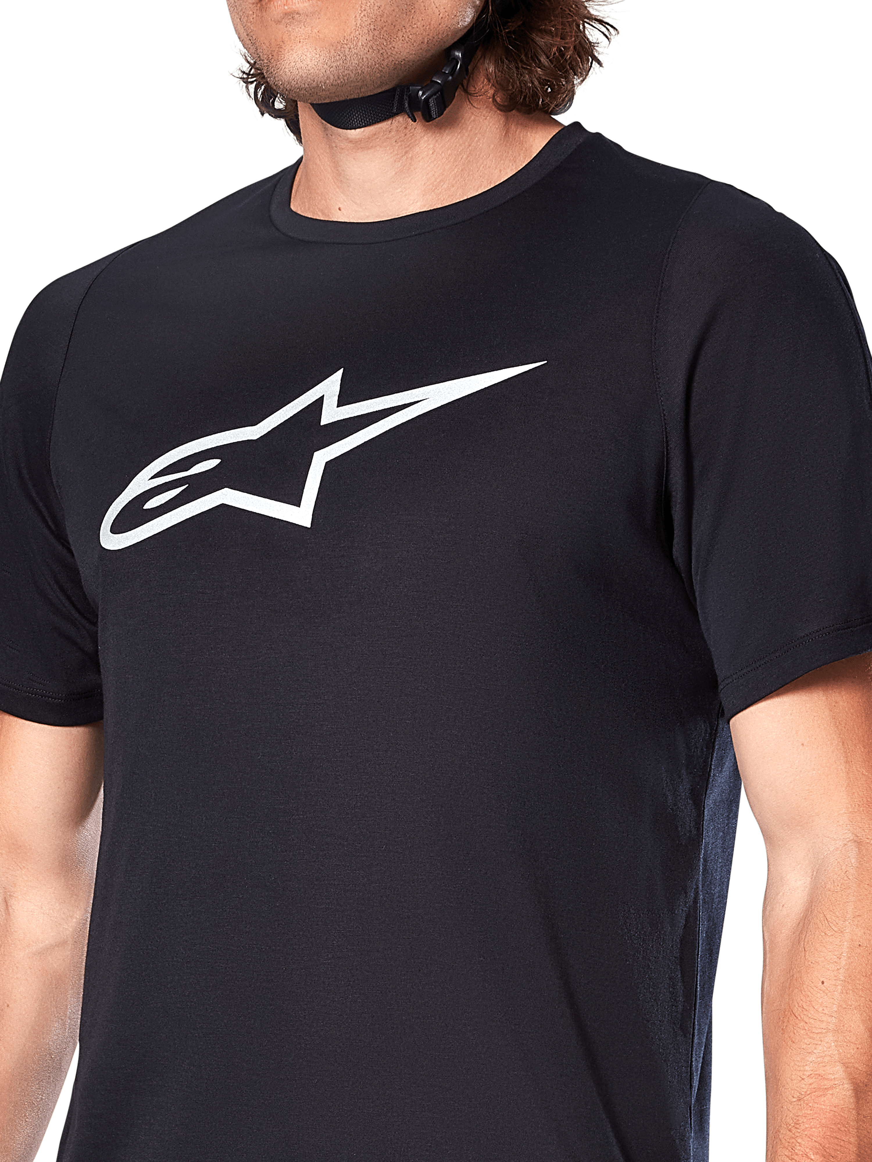Alpinestars A-Dura Dri Oscar Jersey, maglia MTB a maniche corte, nero riflettente, con un grande logo Alpinestars bianco sul petto, tessuto tecnico traspirante per mountain bike