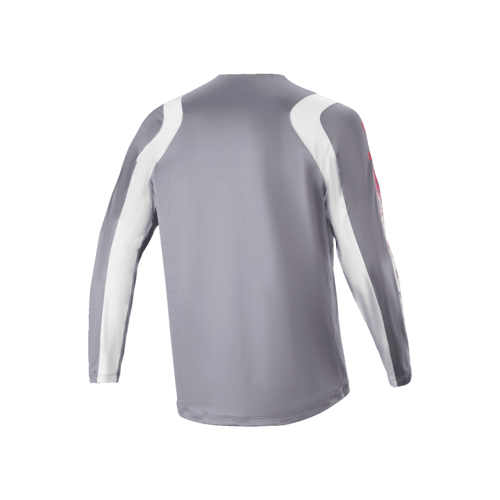 Alpinestars A-Supra Astar Long Sleeve Jersey, grigio scuro e bianco, vista posteriore con trama in mesh ventilata e coda più lunga, abbigliamento tecnico da ciclismo per MTB