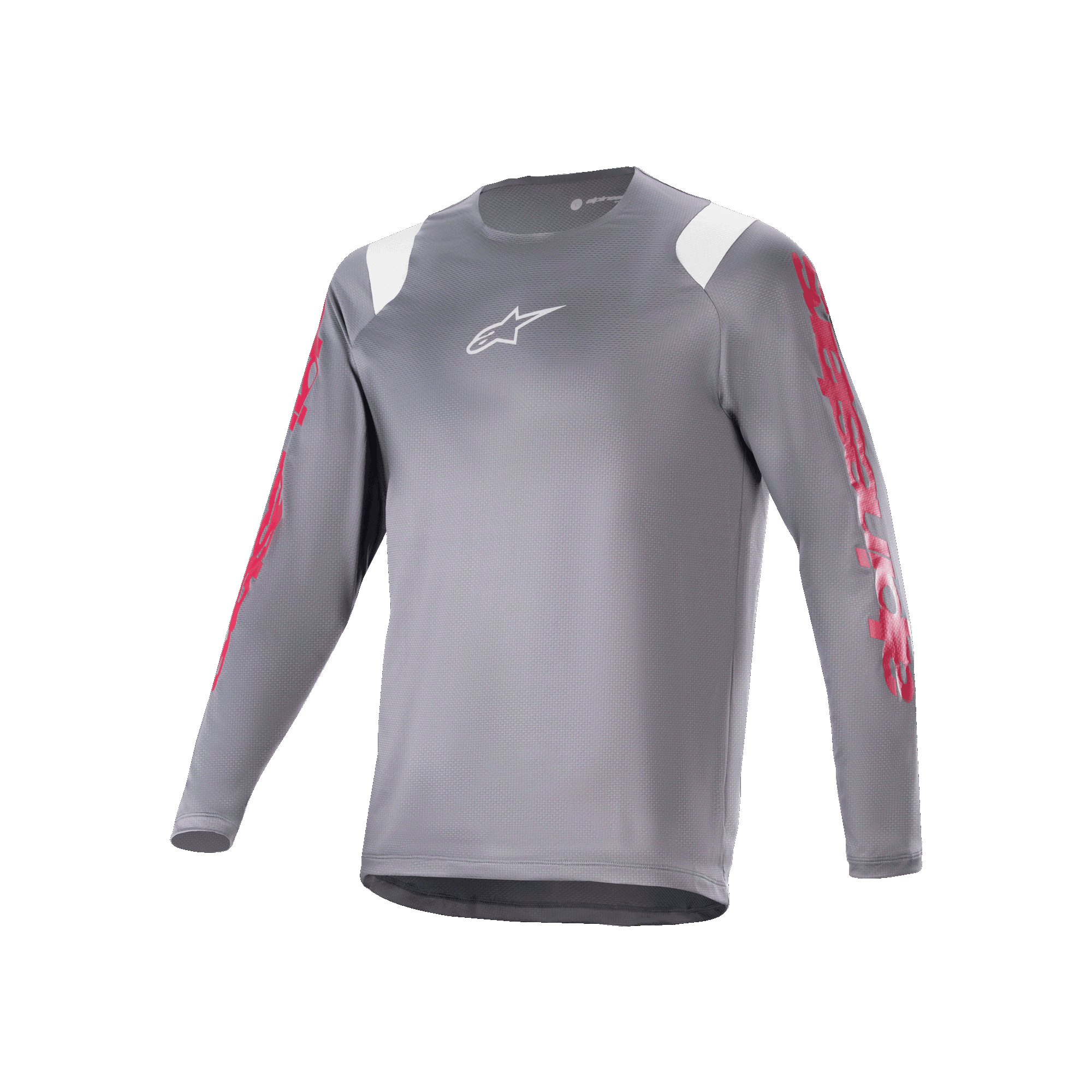 Alpinestars A-Supra Astar Maglia a maniche lunghe, maglia MTB grigio scuro con grafiche rosse sulle maniche e accenti bianchi sulle spalle, logo Astars bianco sul petto, abbigliamento tecnico da ciclismo per mountain bike