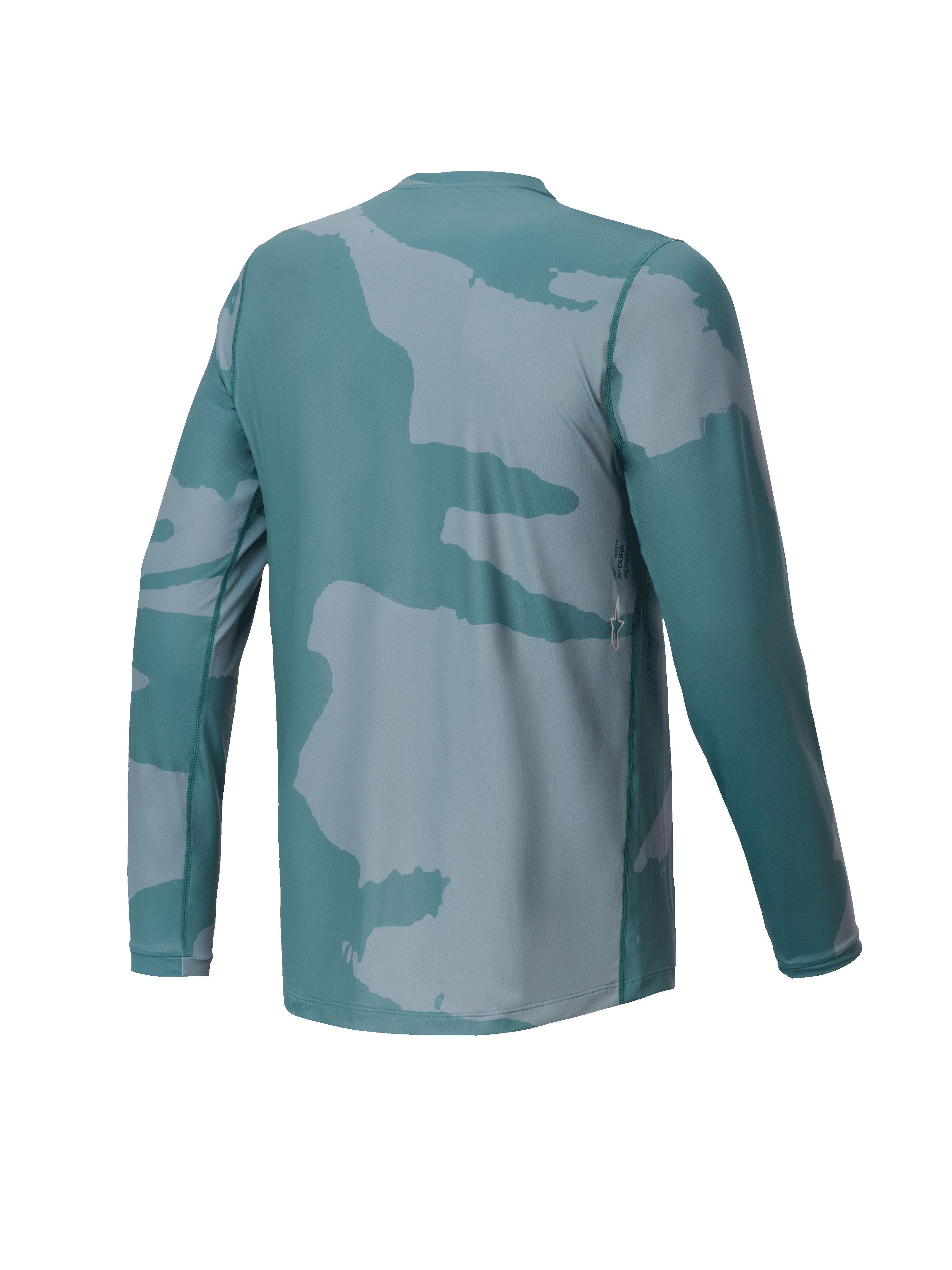 Alpinestars Youth A-Dura Hollow Camo Jersey, maglia da MTB a maniche lunghe, verde Silver Pine Camo, vista posteriore con dettaglio del logo e parte posteriore allungata per maggiore copertura durante la pedalata