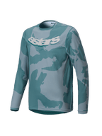 Alpinestars Youth A-Dura Hollow Camo Jersey, maglia MTB a maniche lunghe, motivo mimetico Silver Pine con tonalità verde acqua e grigio, vistosa grafica Astars bianca sul petto, tessuto tecnico per trail riding per ragazzi