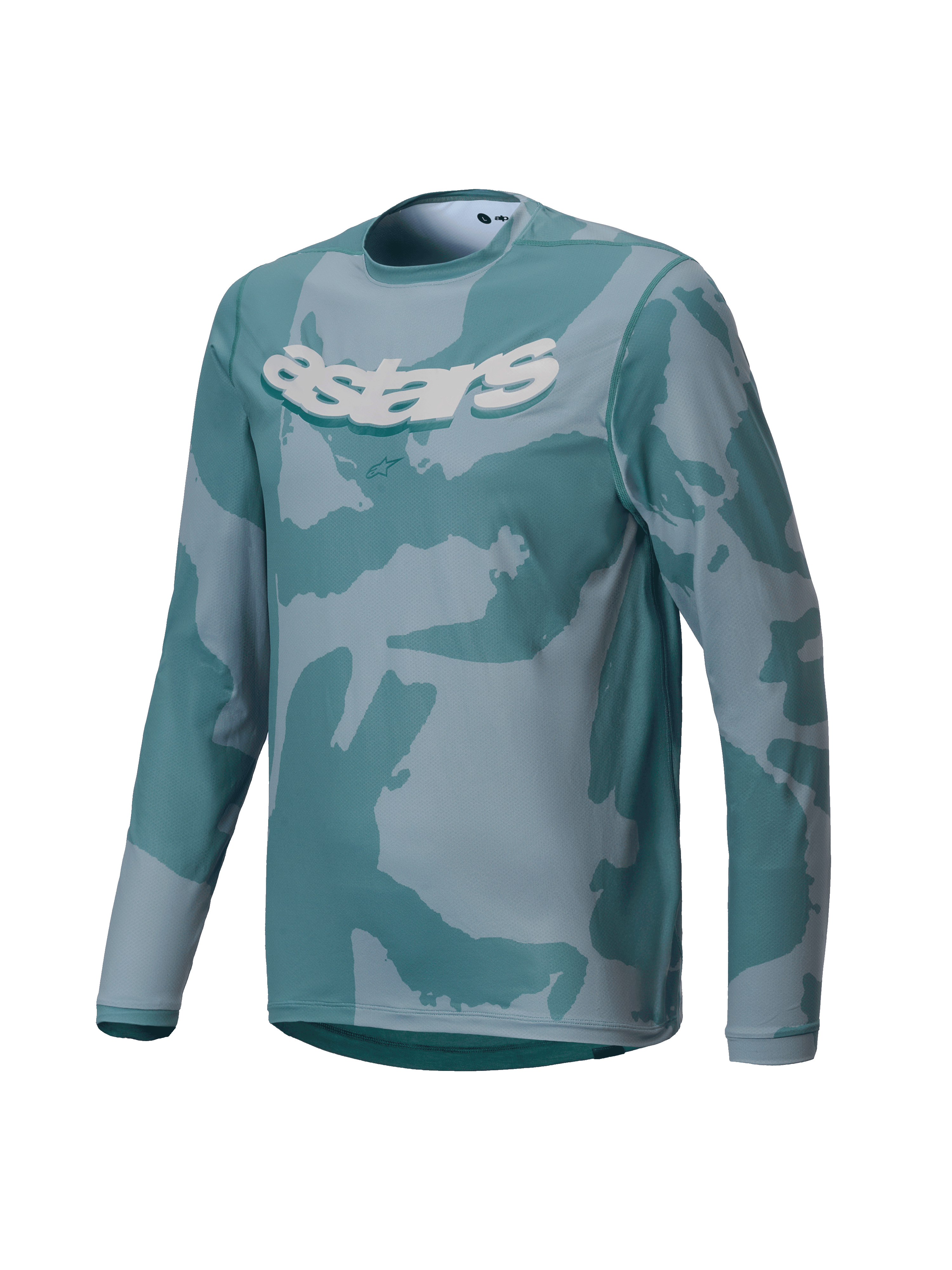 Alpinestars Youth A-Dura Hollow Camo Jersey, maglia MTB a maniche lunghe, motivo mimetico Silver Pine con tonalità verde acqua e grigio, vistosa grafica Astars bianca sul petto, tessuto tecnico per trail riding per ragazzi
