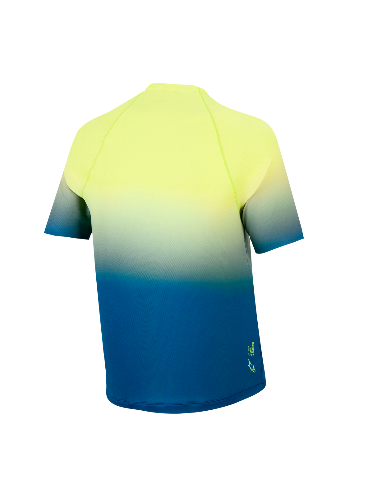 Maglia MTB Ragazzo A-Dura Astars 2.0 a maniche corte, sfumatura da giallo a blu, vista posteriore con orlo allungato.
