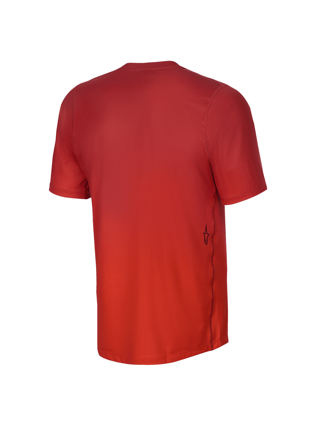 Maglia Alpinestars Youth A-Dura Rise a maniche corte, vista posteriore, Spicy Orange, caratterizzata da una trama in tessuto jacquard, un piccolo logo Astars nero sul lato inferiore e un orlo posteriore allungato per una maggiore copertura in mountain bike.