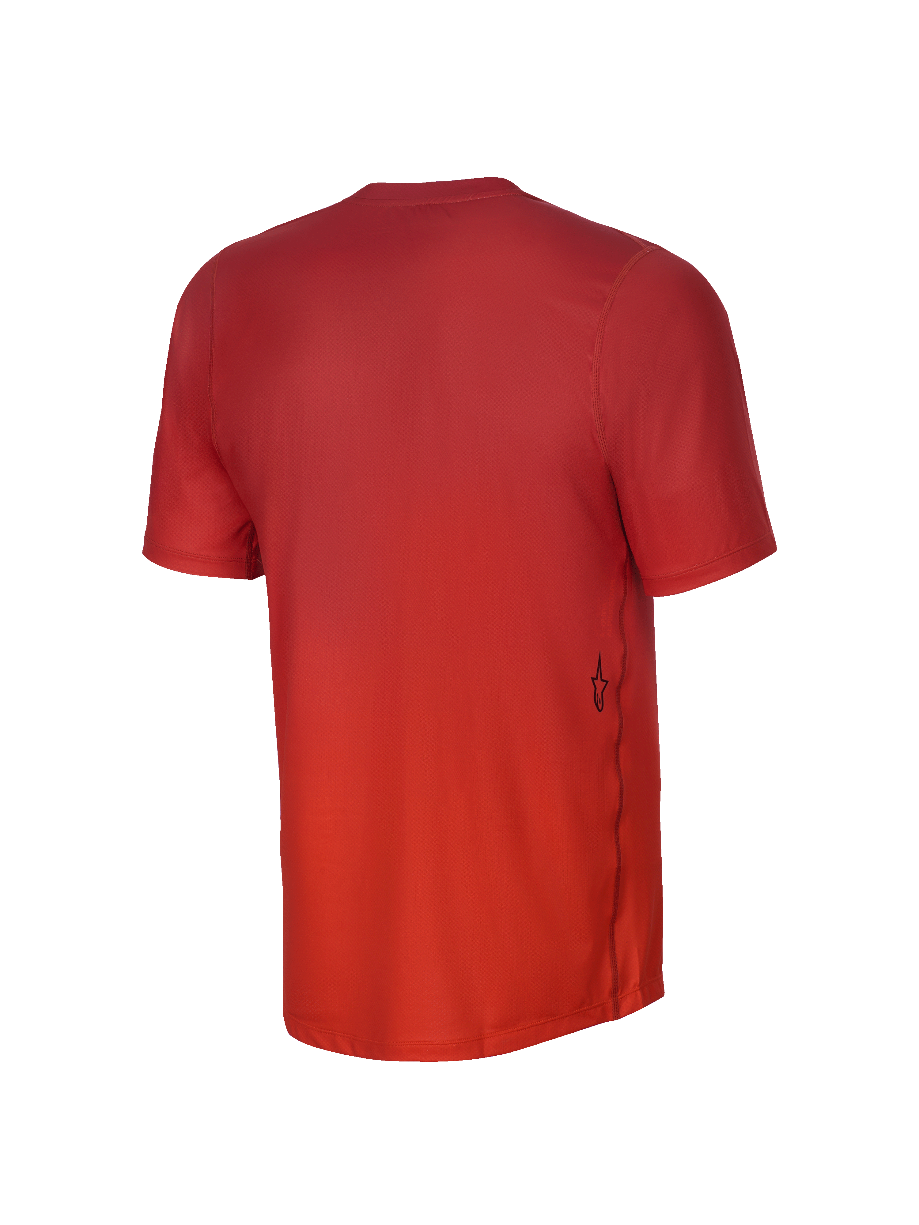 Maglia Alpinestars Youth A-Dura Rise a maniche corte, vista posteriore, Spicy Orange, caratterizzata da una trama in tessuto jacquard, un piccolo logo Astars nero sul lato inferiore e un orlo posteriore allungato per una maggiore copertura in mountain bike.