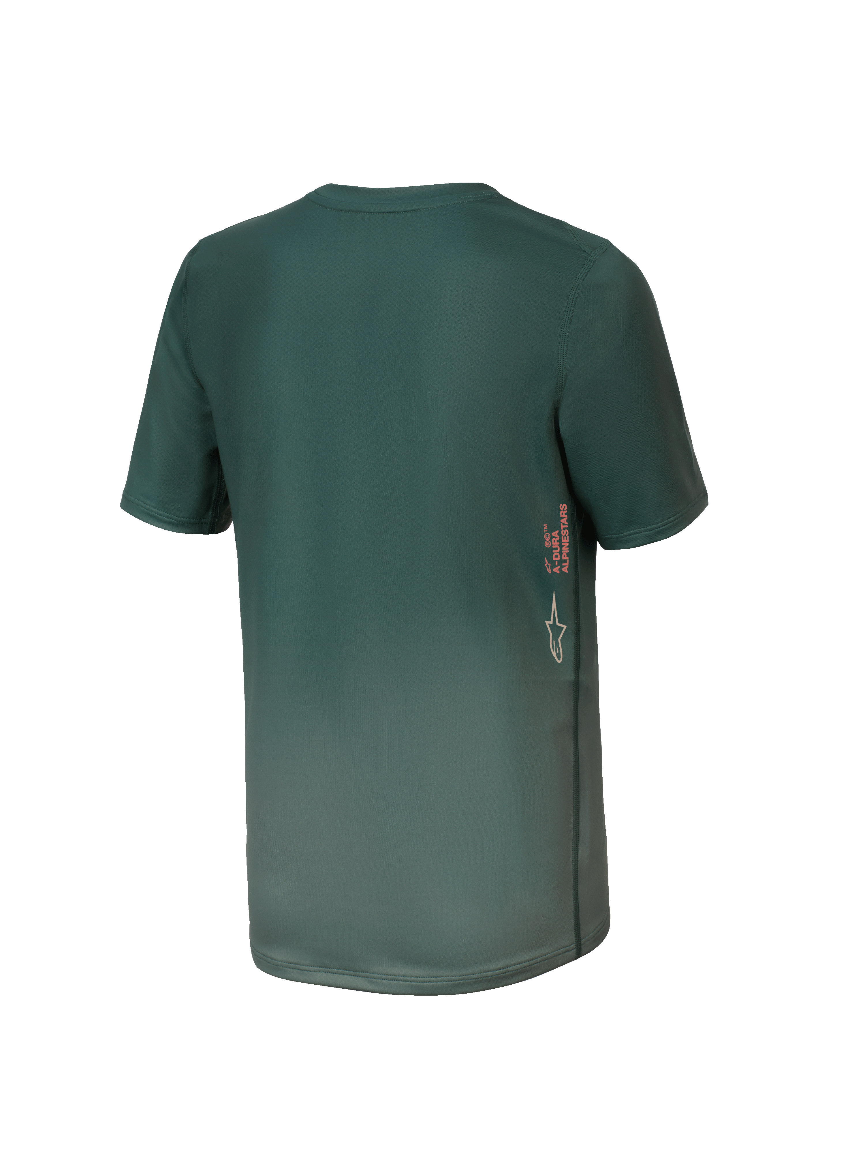 Maglia Alpinestars Youth A-Dura Rise, maglia da MTB a maniche corte per ragazzi, verde Silver Pine, vista posteriore con marchio A-DURA verticale e logo Astars sul lato, bordo posteriore allungato, tessuto tecnico traspirante