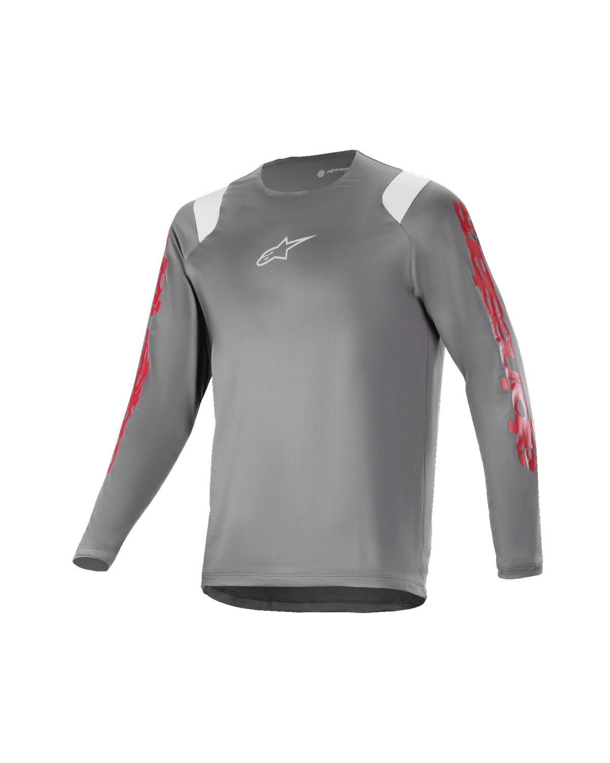 Alpinestars Youth A Supra Astar Maglia a Maniche Lunghe, grigio scuro con accenti bianchi sulle spalle e loghi rossi sulle maniche, logo bianco sul petto, tessuto tecnico traspirante, girocollo, vestibilità atletica per mountain bike