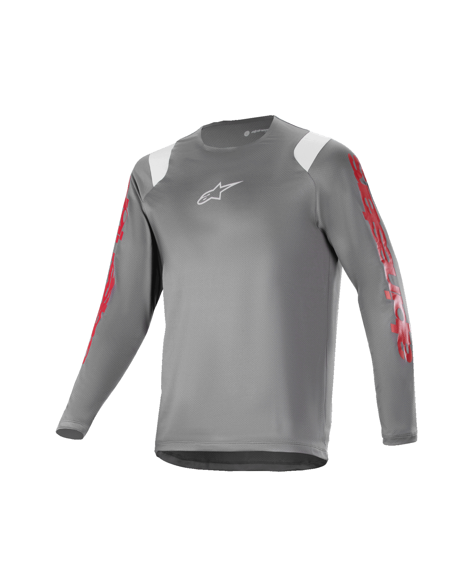 Alpinestars Youth A Supra Astar Maglia a Maniche Lunghe, grigio scuro con accenti bianchi sulle spalle e loghi rossi sulle maniche, logo bianco sul petto, tessuto tecnico traspirante, girocollo, vestibilità atletica per mountain bike