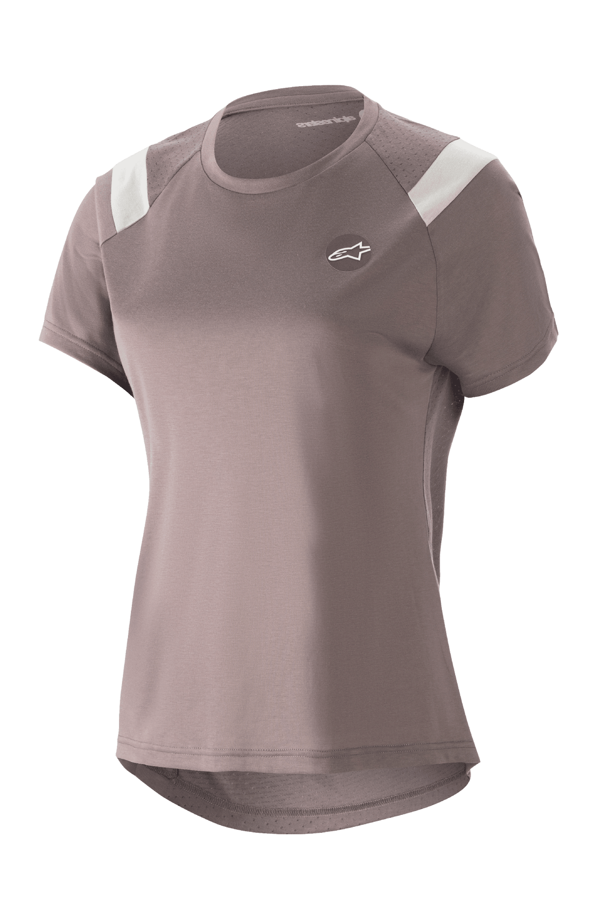 Alpinestars Stella Alps Escape Jersey da donna, maglia da MTB a maniche corte, grigio Sparrow con inserti bianchi sulle spalle, pannelli in mesh traforato per la traspirabilità, orlo posteriore allungato e arrotondato, piccolo logo Astar circolare sul petto, vestibilità sportiva casual per mountain bike