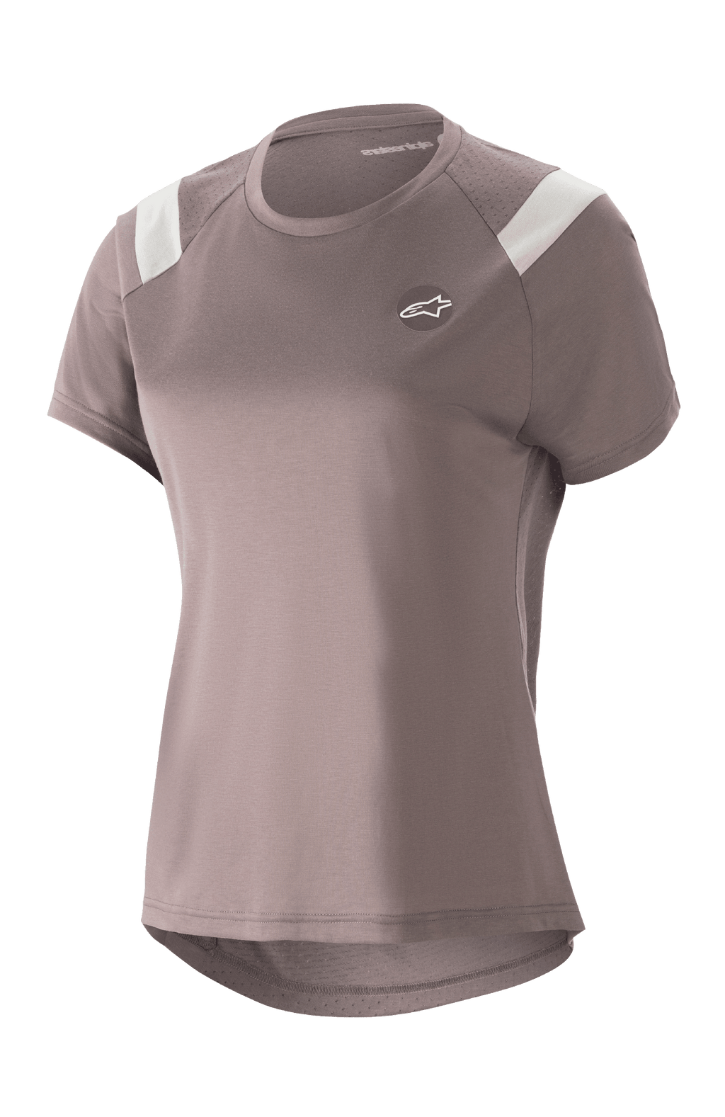 Alpinestars Stella Alps Escape Jersey da donna, maglia da MTB a maniche corte, grigio Sparrow con inserti bianchi sulle spalle, pannelli in mesh traforato per la traspirabilità, orlo posteriore allungato e arrotondato, piccolo logo Astar circolare sul petto, vestibilità sportiva casual per mountain bike