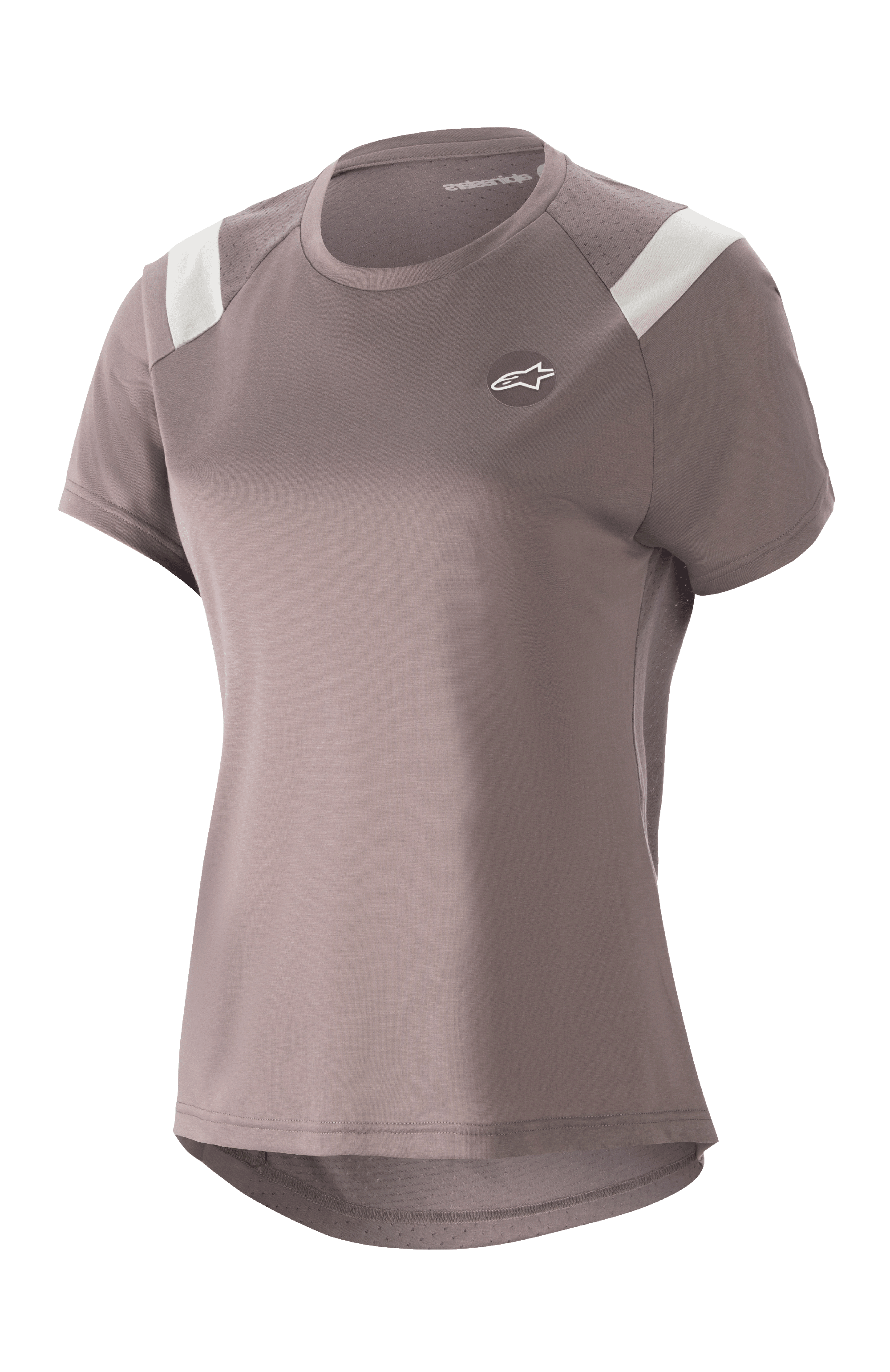 Alpinestars Stella Alps Escape Jersey da donna, maglia da MTB a maniche corte, grigio Sparrow con inserti bianchi sulle spalle, pannelli in mesh traforato per la traspirabilità, orlo posteriore allungato e arrotondato, piccolo logo Astar circolare sul petto, vestibilità sportiva casual per mountain bike