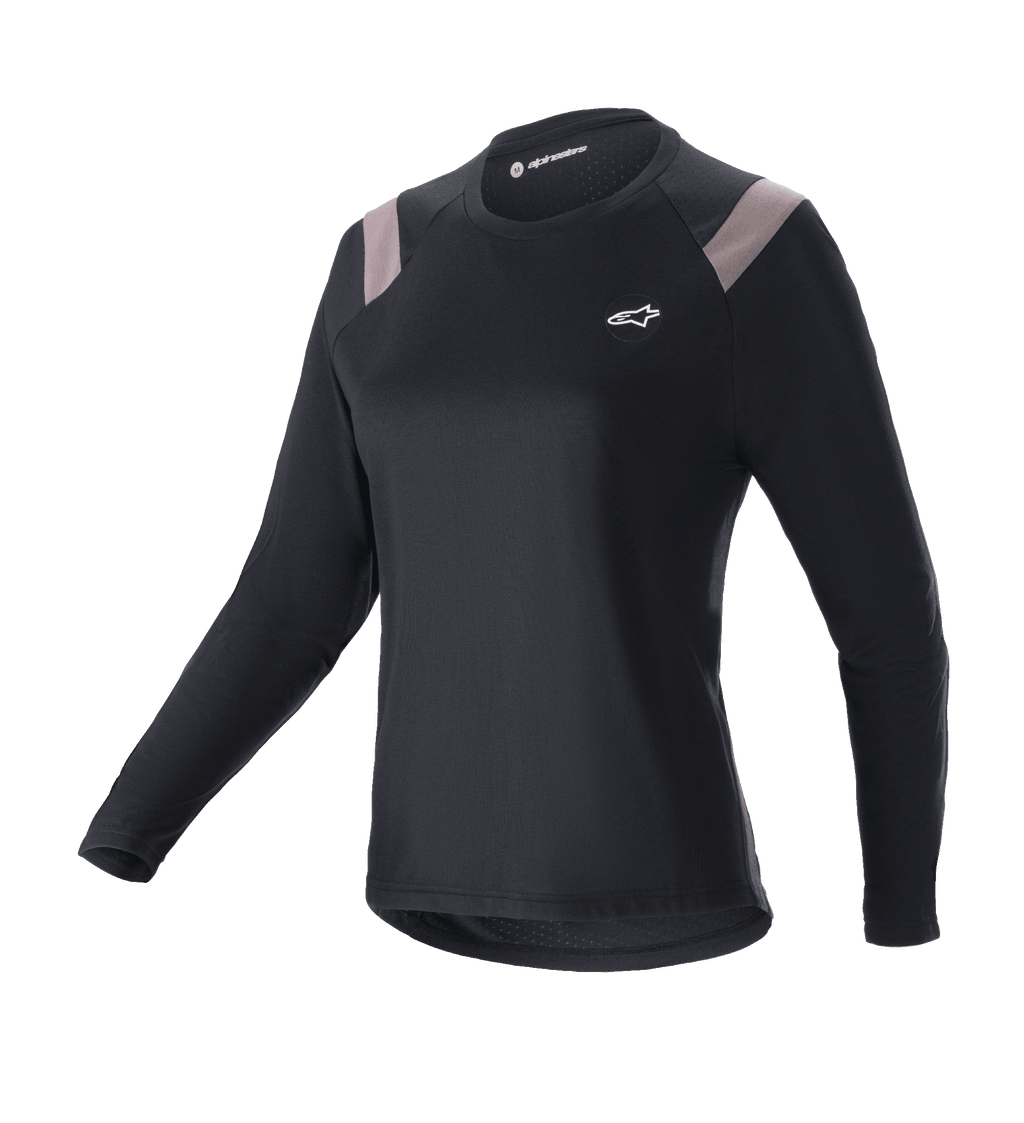 Alpinestars maglia Stella Alps Escape, maglia da mountain bike da donna a maniche lunghe, nera con pannelli grigio chiaro sulle spalle, girocollo, piccolo logo bianco sul petto, vestibilità atletica