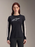 Alpinestars Maglia Stella A-Dura Dri Astar da donna, maglia da mountain bike a maniche lunghe, nera con logo bianco e pannelli in mesh grigio chiaro sulle maniche, abbigliamento tecnico da ciclismo per donna