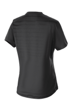 Maglia Alpinestars Stella Alps Constellation da donna, maglia da MTB a maniche corte, nero, vista posteriore con motivo a righe in mesh e coda estesa per copertura ciclistica