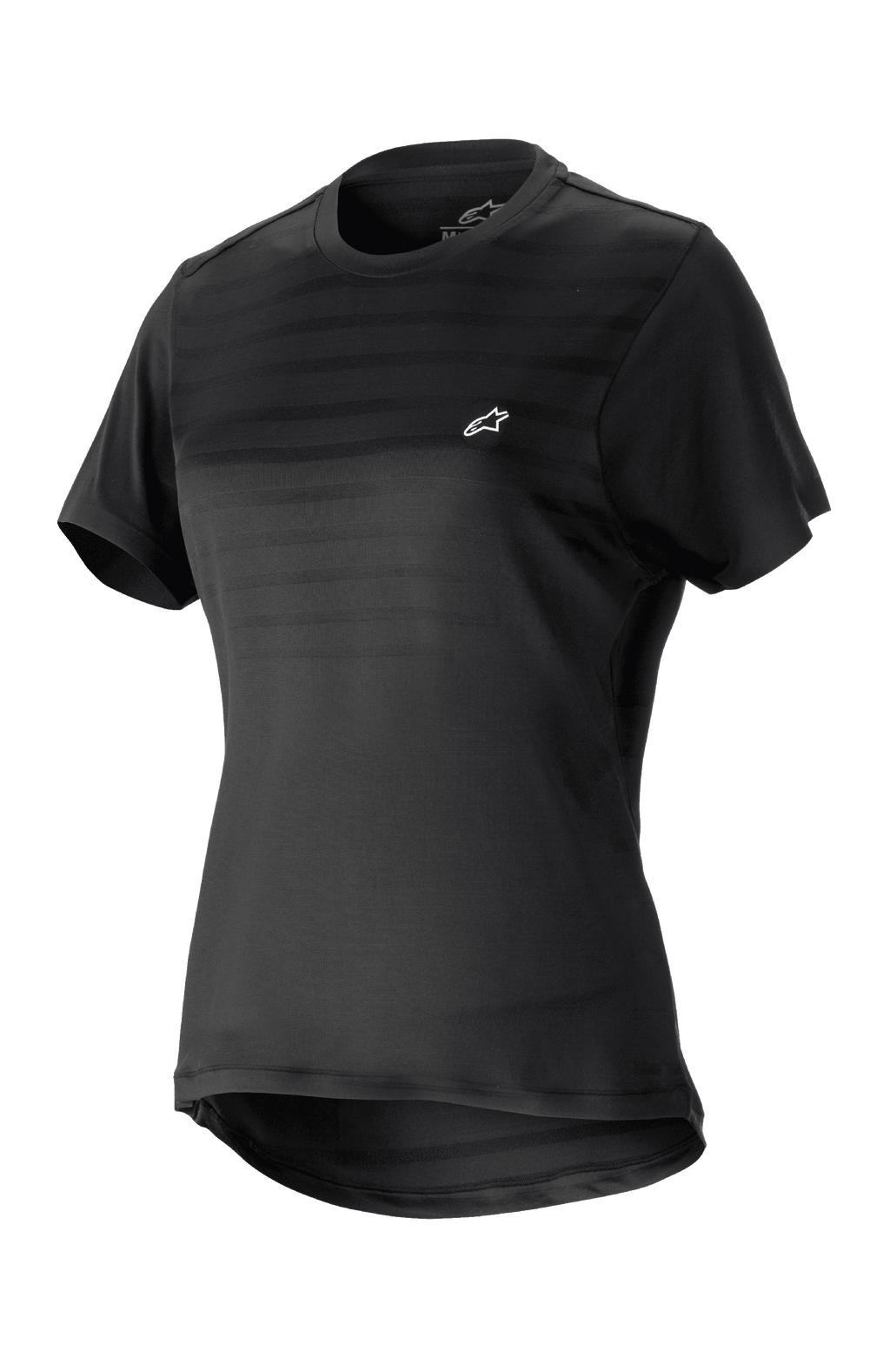 Alpinestars maglia Stella Alps Constellation da donna, maglia da mountain bike a maniche corte, nera con sottili strisce orizzontali sul petto, piccolo logo bianco, girocollo, parte posteriore allungata per una maggiore copertura, tessuto leggero e traspirante per MTB