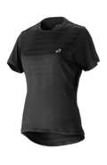 Alpinestars maglia Stella Alps Constellation da donna, maglia da mountain bike a maniche corte, nera con sottili strisce orizzontali sul petto, piccolo logo bianco, girocollo, parte posteriore allungata per una maggiore copertura, tessuto leggero e traspirante per MTB