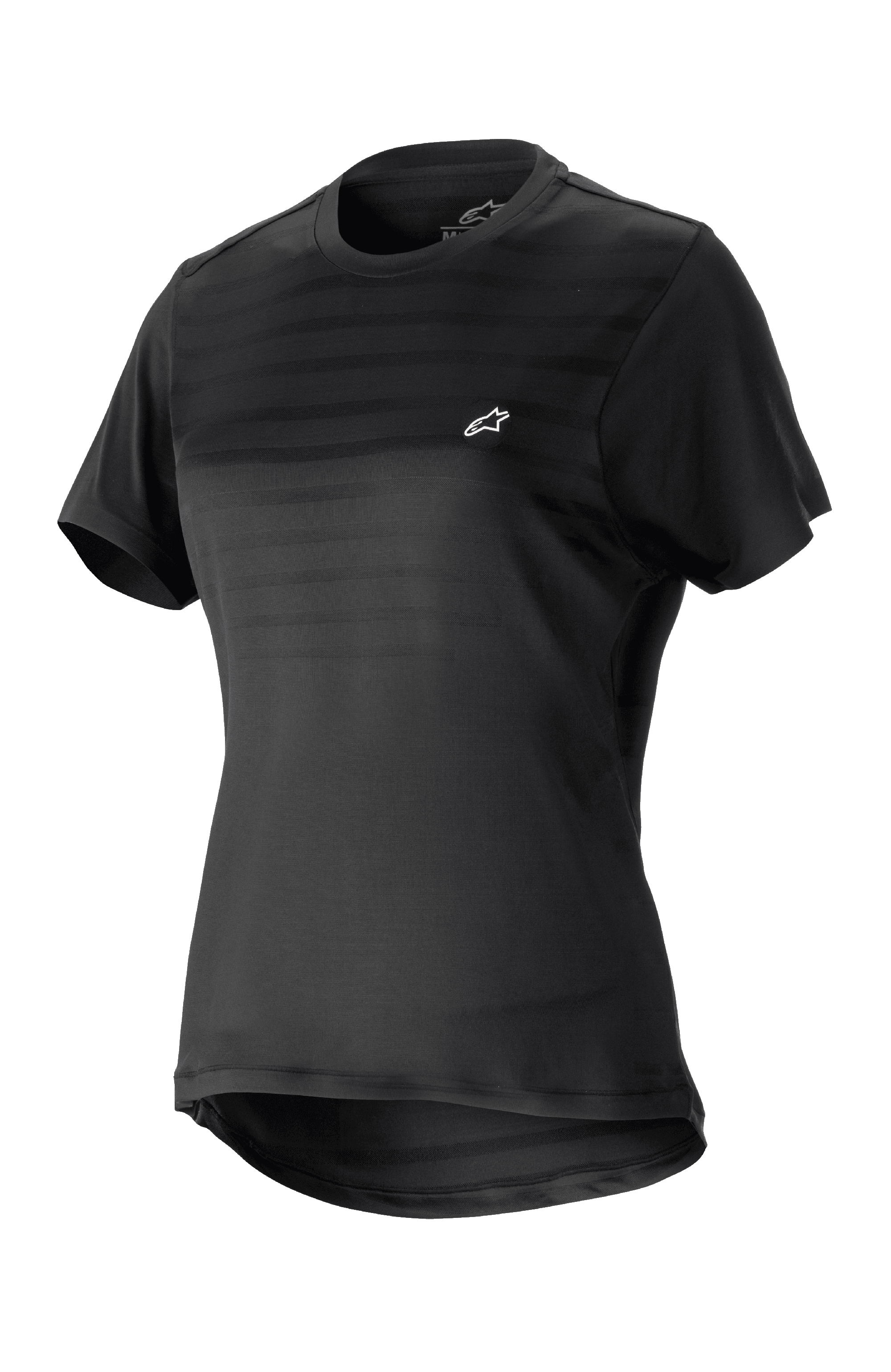 Alpinestars maglia Stella Alps Constellation da donna, maglia da mountain bike a maniche corte, nera con sottili strisce orizzontali sul petto, piccolo logo bianco, girocollo, parte posteriore allungata per una maggiore copertura, tessuto leggero e traspirante per MTB