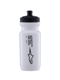 Borraccia Alpinestars Ogov 20oz, bianca con tappo nero, con scritta 'One Goal One Vision' e logo Alpinestars, beccuccio push-pull, design cilindrico a compressione per l'idratazione nel ciclismo